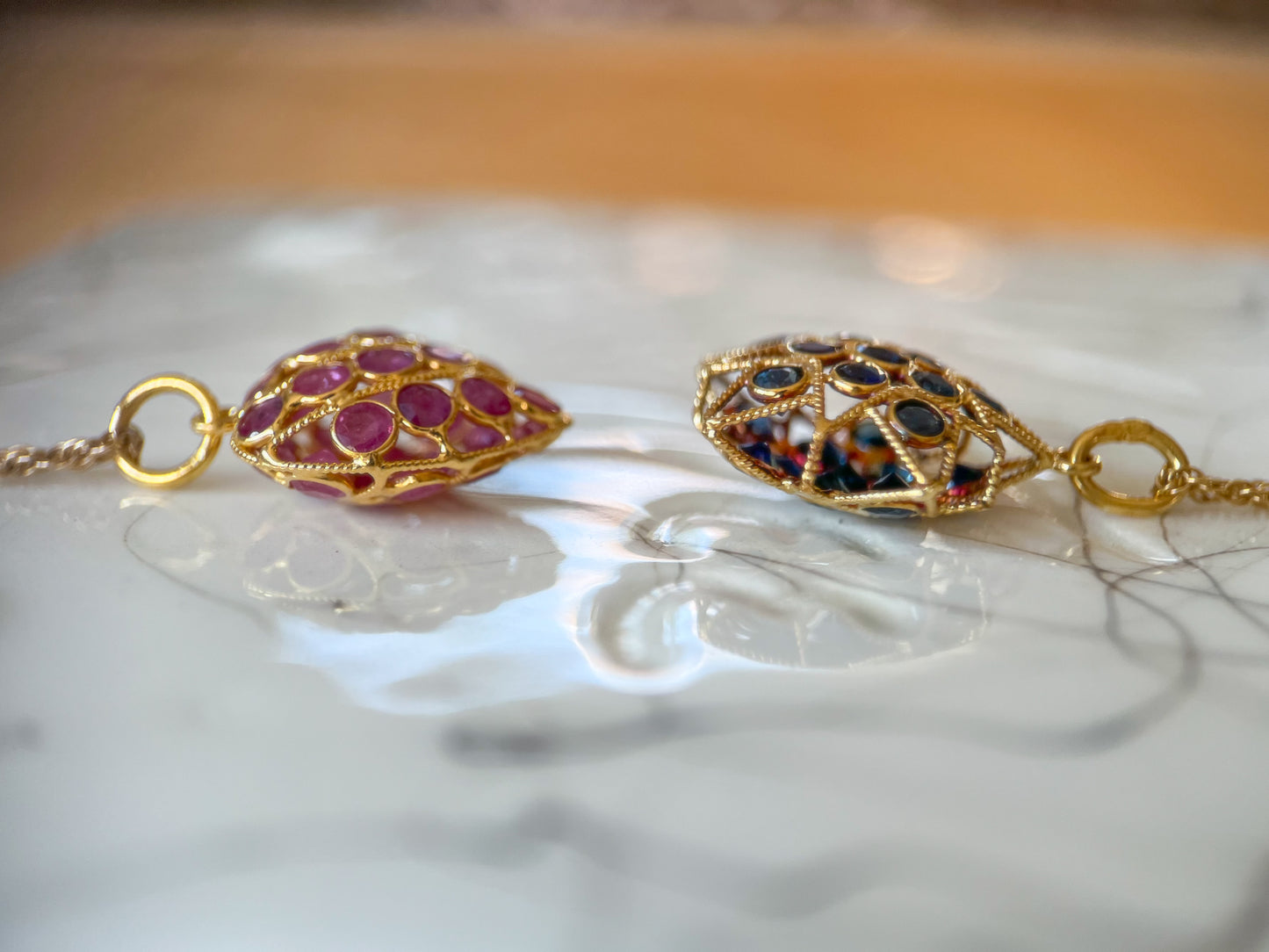 Vintage Natural Sapphire Puffy Star and Vintage Ruby Puffy Heart 18k Yellow Gold Charms, Circa 1990's