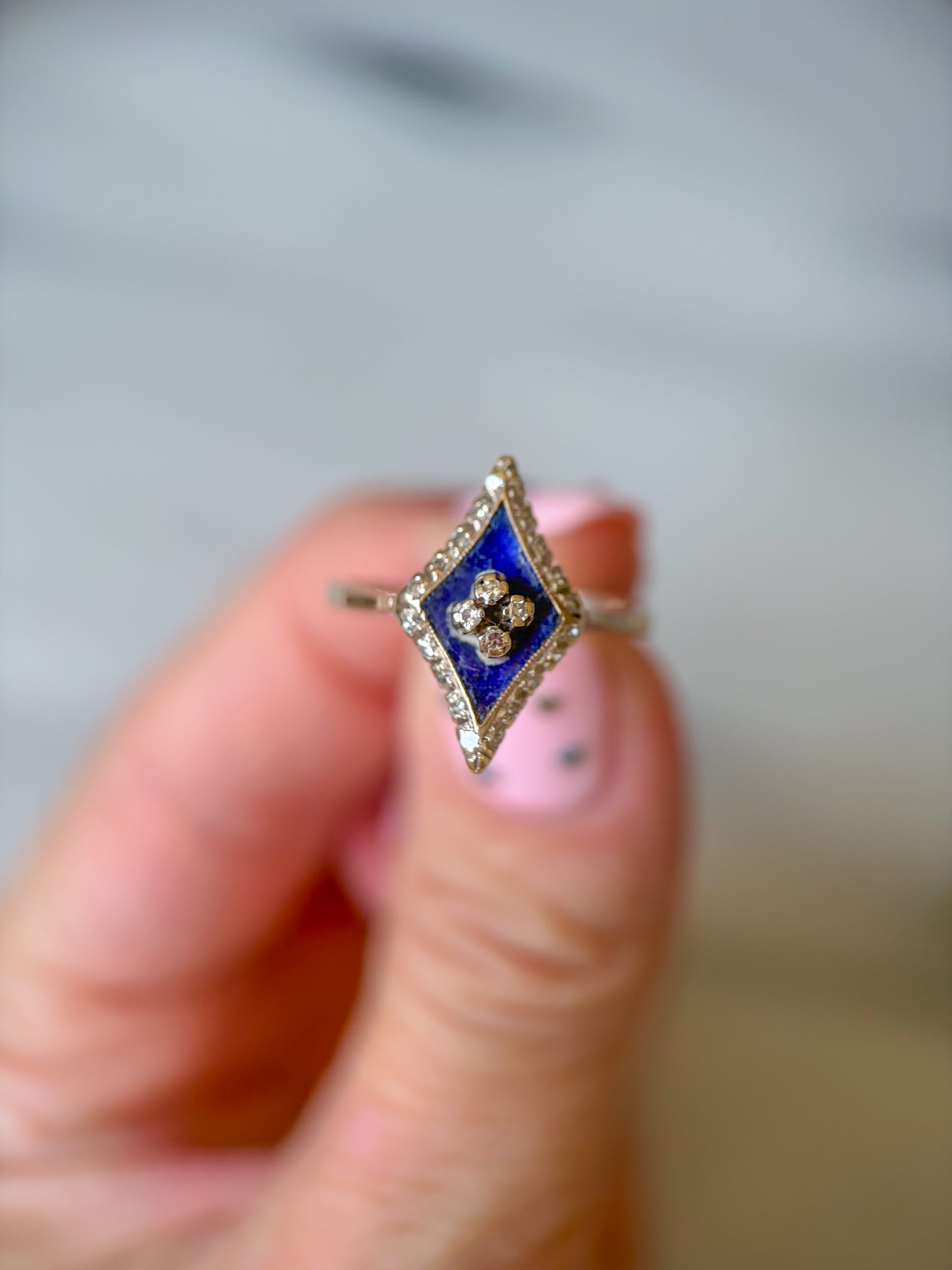 Vintage Enamel and Natural Diamond 10k White Gold Statement Ring