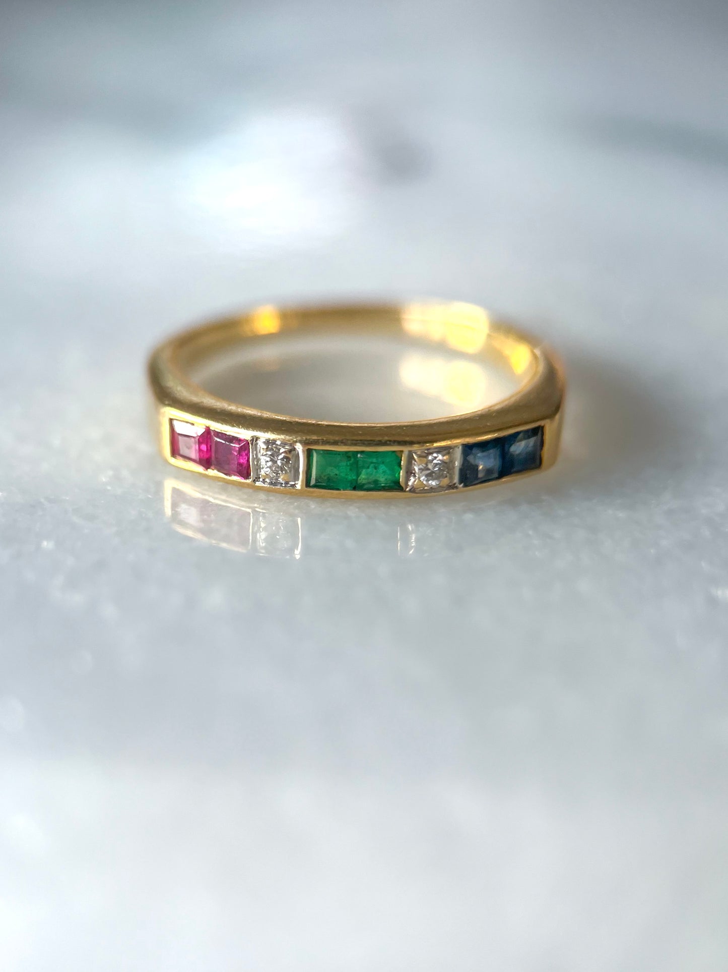 Vintage Natural Diamond, Ruby, Emerald and Sapphire 14k Yellow Gold Ring