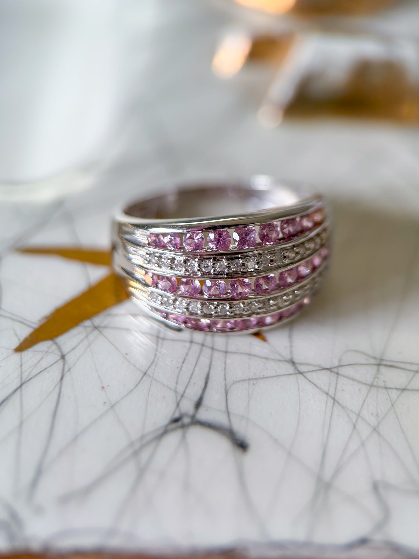 Vintage Chunky Natural Diamond and Synthetic Pink Topaz 14k White Gold Ring