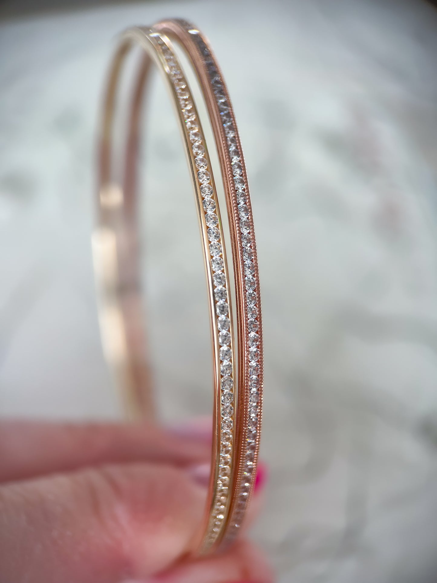 14k Yellow and Rose Gold Bangles with CZs in Channel Settings