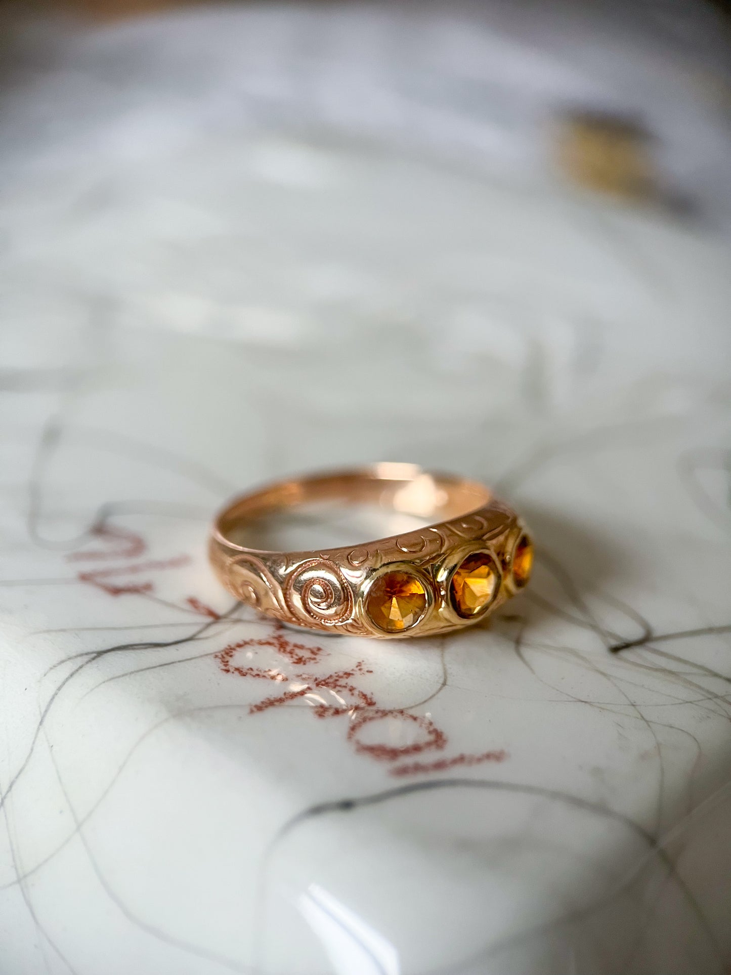 Vintage Three Stone Natural Citrine 10k Yellow Gold Ring