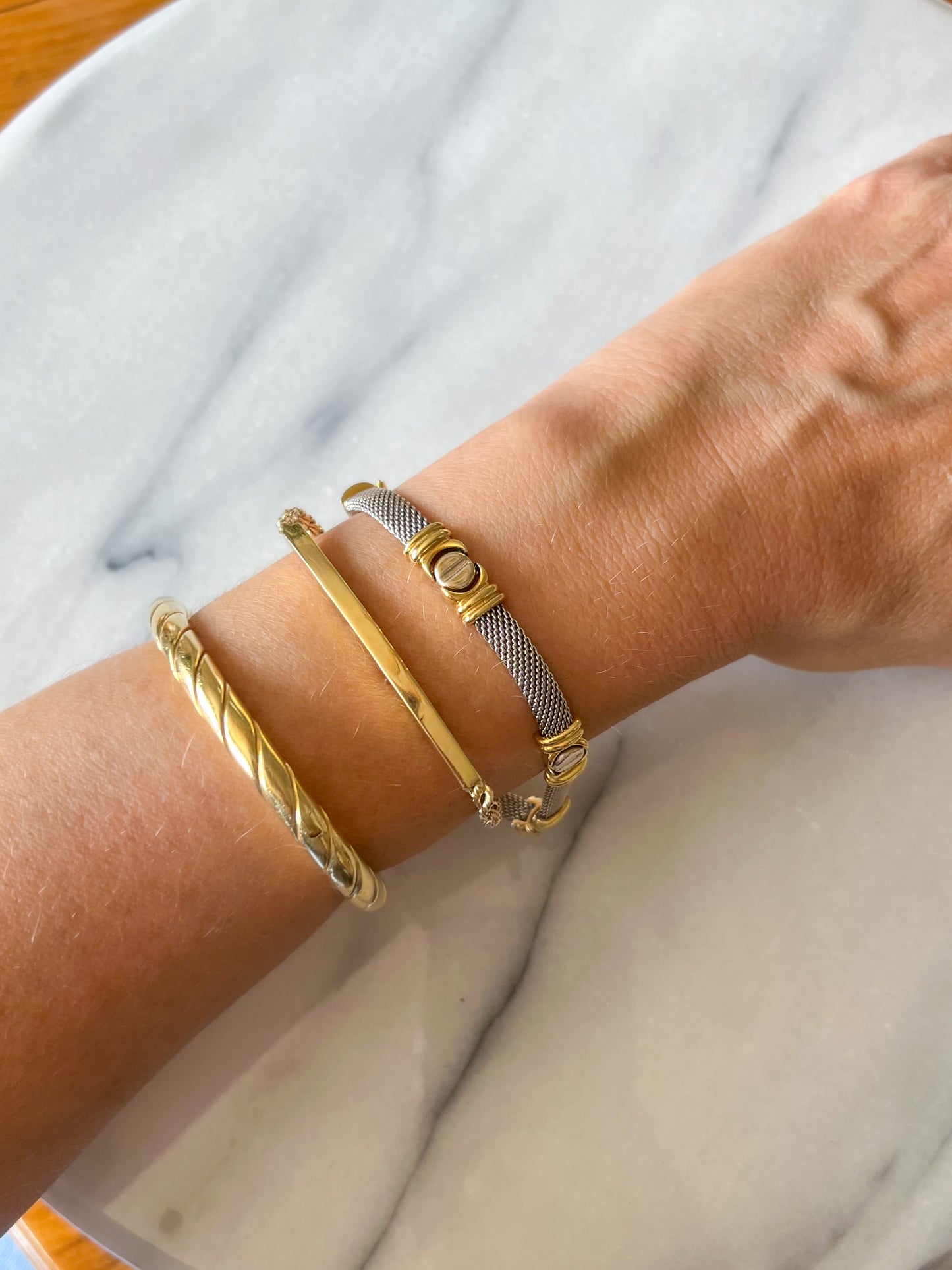 Vintage Mesh Two Toned with Screw Accents 14k White and Yellow Gold 8 Inch Bracelet