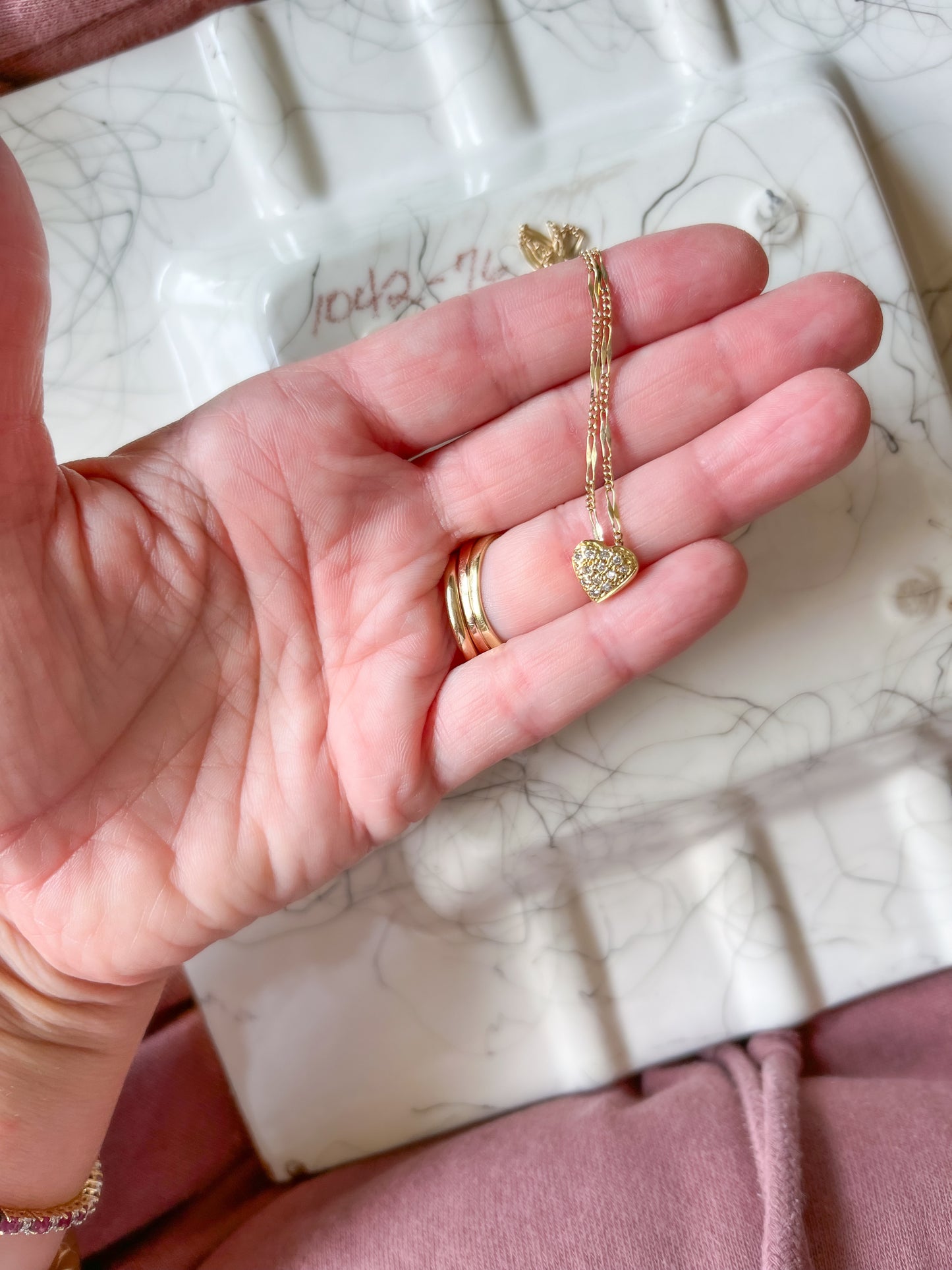 Vintage Heart Natural Diamond 14k Yellow Gold Charm on Chain