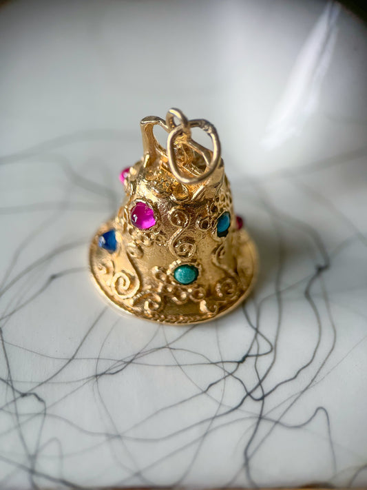 Vintage Bell with Gemstones and Pearls 14k Yellow Gold Charms, circa 1950s