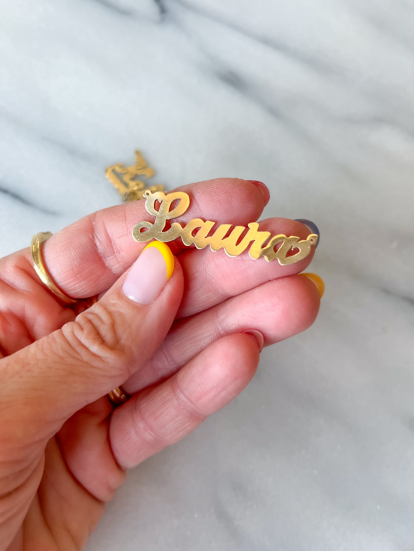 Vintage Name Plates "Kelly" & "Laura" (without chain), 14k Yellow Gold Charms