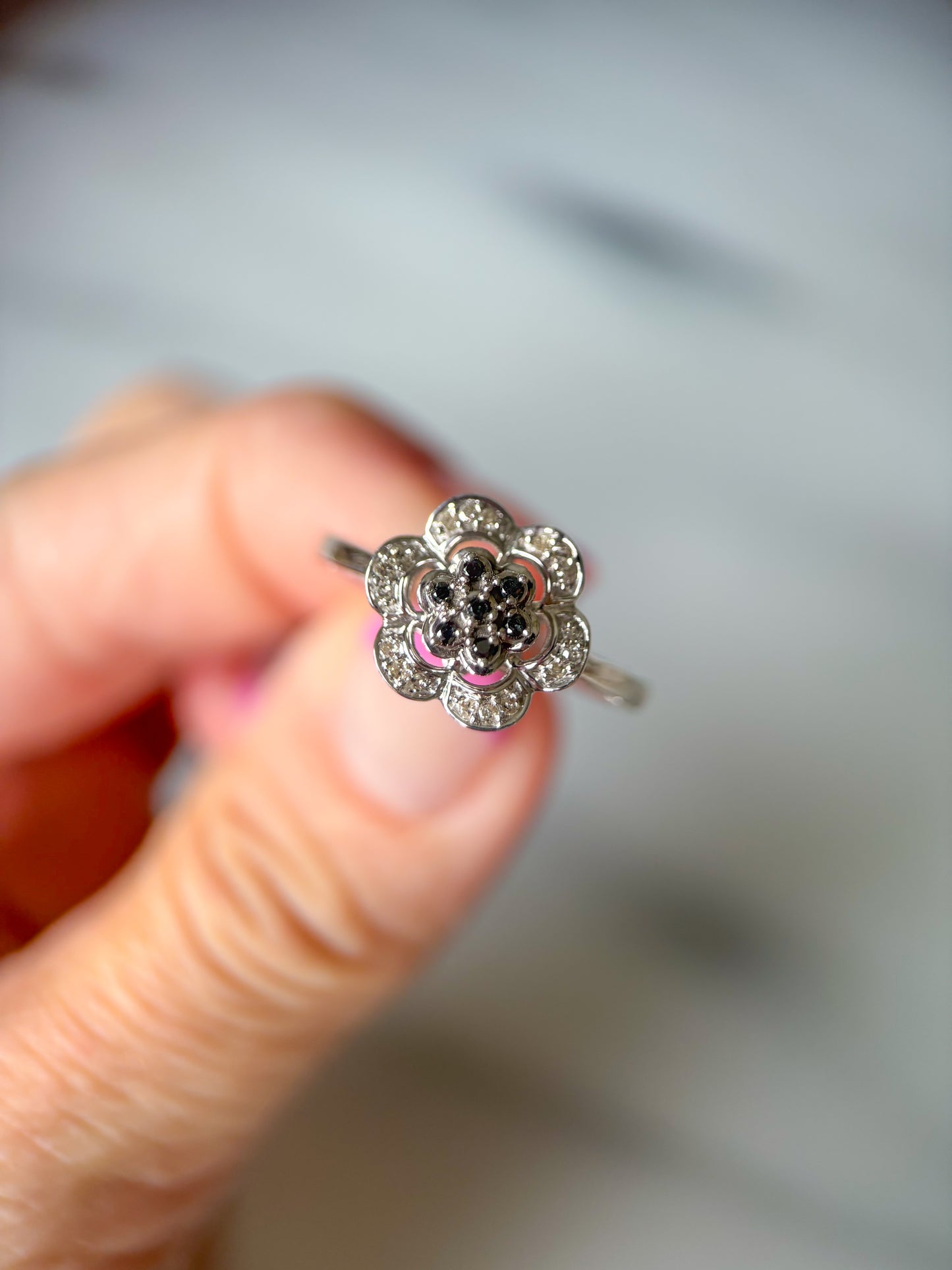 Vintage Natural Black Diamond Flower 14k White Gold Ring