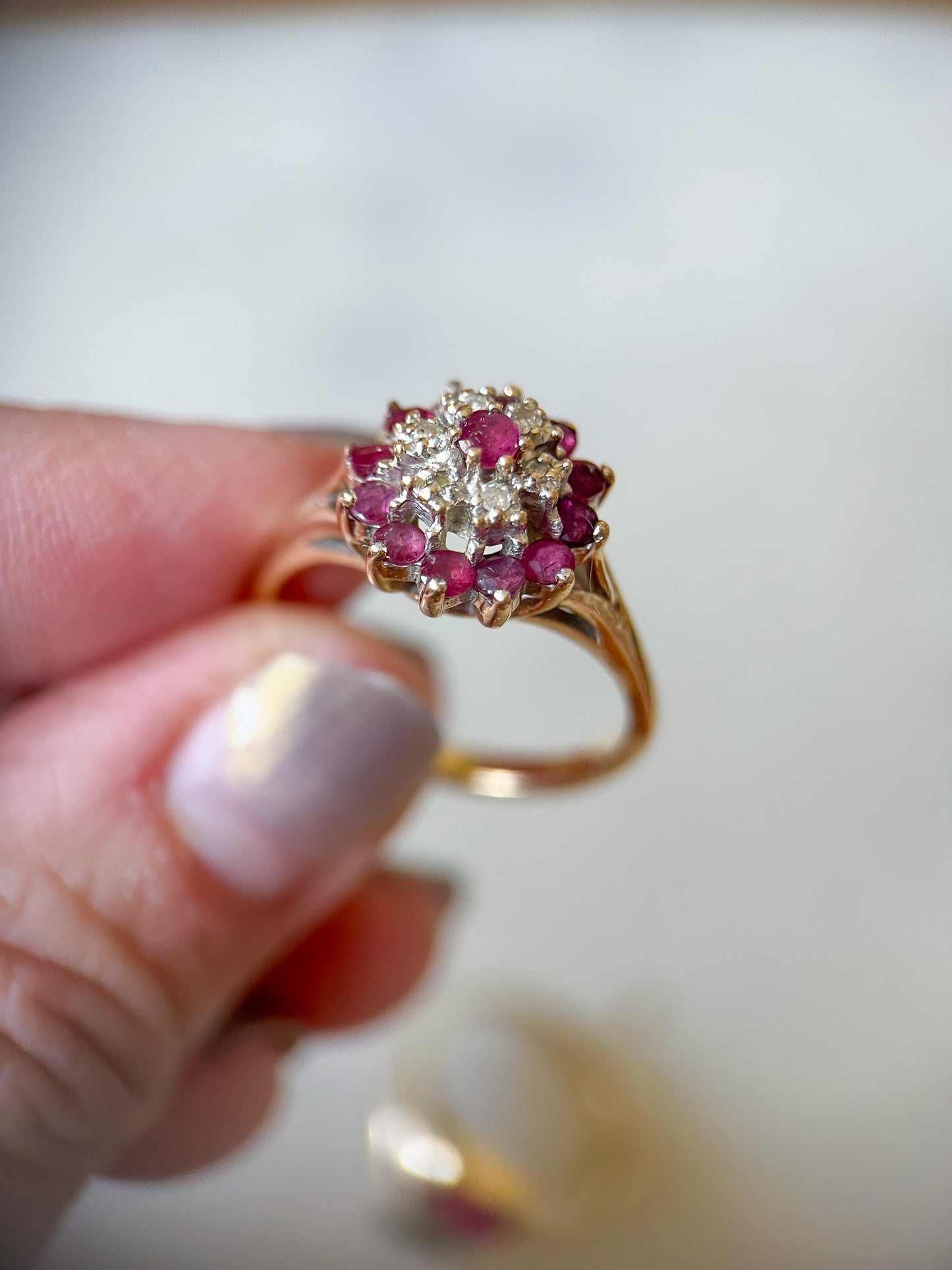 Vintage Natural Ruby and Natural Diamond Cluster 14k Yellow Gold Ring