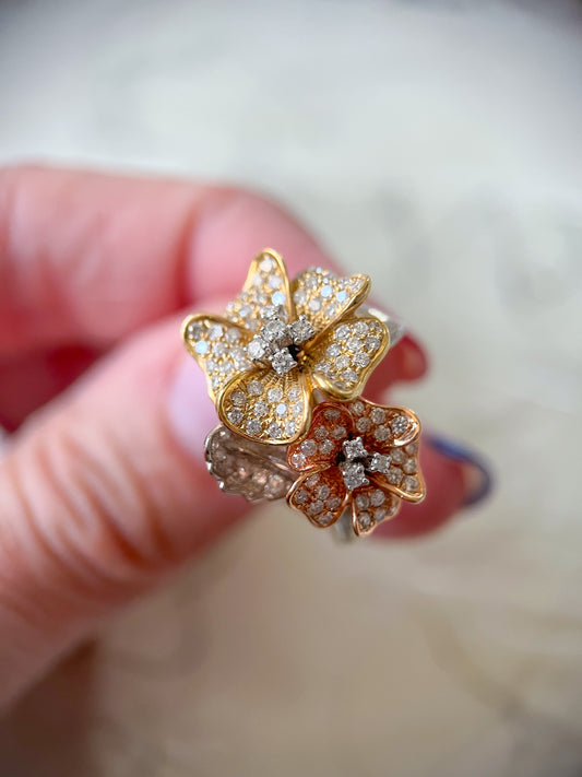 Vintage Tri Color White, Yellow and Rose 14k White Gold Flower Statement Ring
