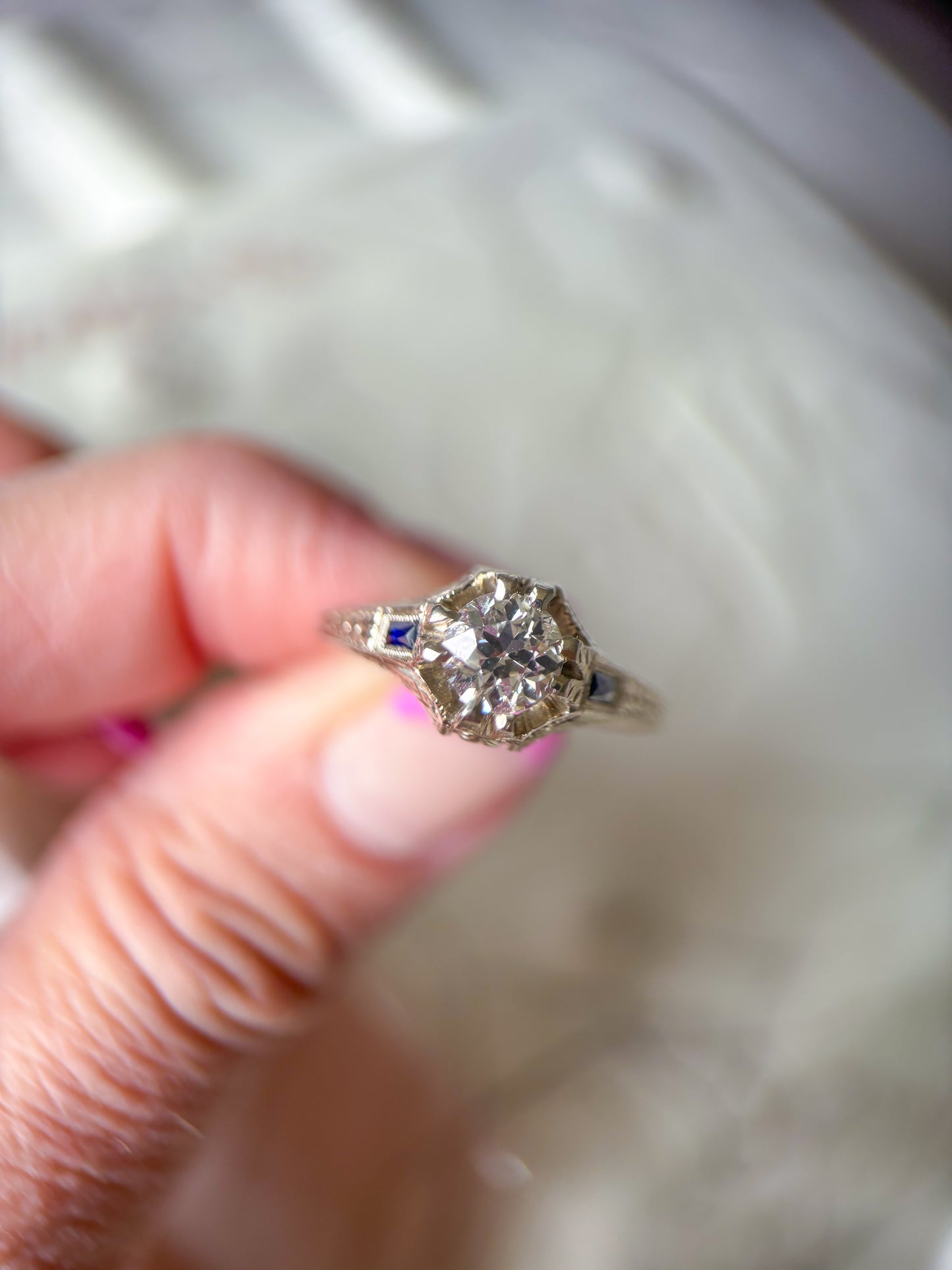 Vintage Natural Old Miner Diamond and Natural Sapphire 18k White Gold Ring
