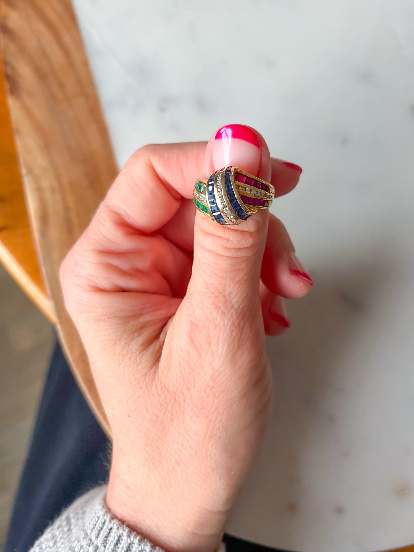Vintage 14k Yellow Gold Natural Sapphire, Ruby, Emerald and Diamond Ring, circa 1990s