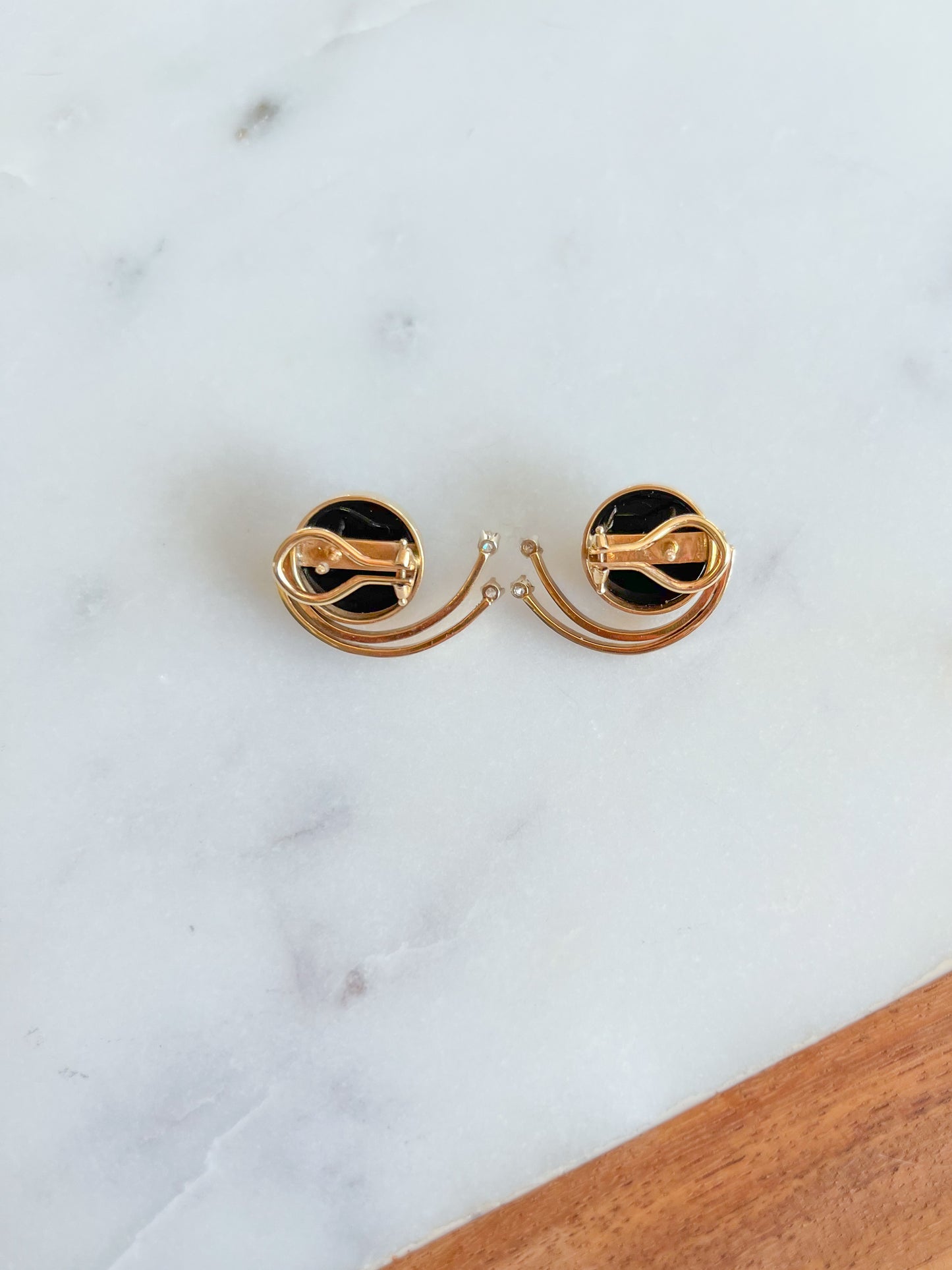 Vintage Onyx and Natural Diamond 14k Yellow Gold Large Stud Earrings, circa 1980s