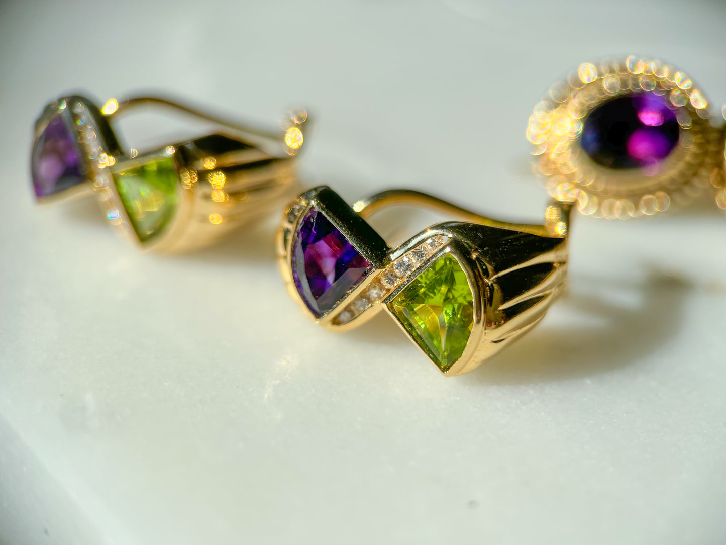 Vintage Natural Amethyst, Peridot and Diamond 14k Yellow Gold Earrings, circa 1980s