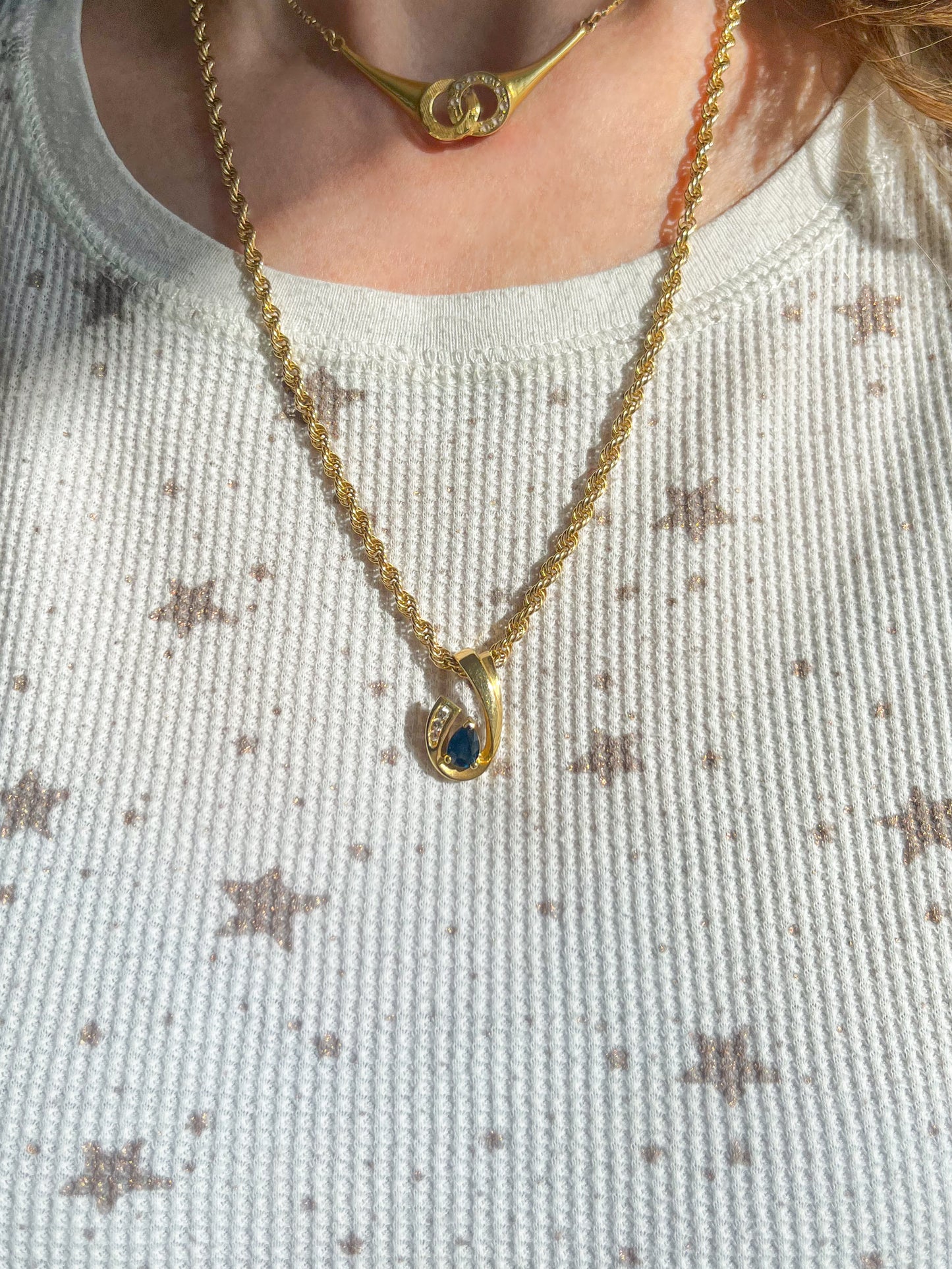 Vintage Natural Pear Shaped Sapphire and Diamond Slider 14k Yellow Gold Charm