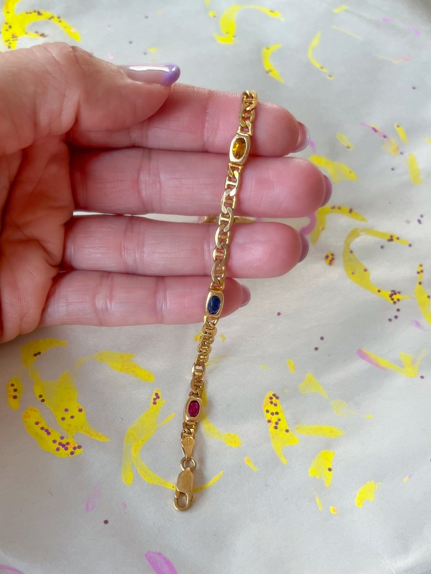 Vintage Multi Gemstone (Synthetic) 14k Yellow Gold Mariner Chain 8 Inch Bracelet