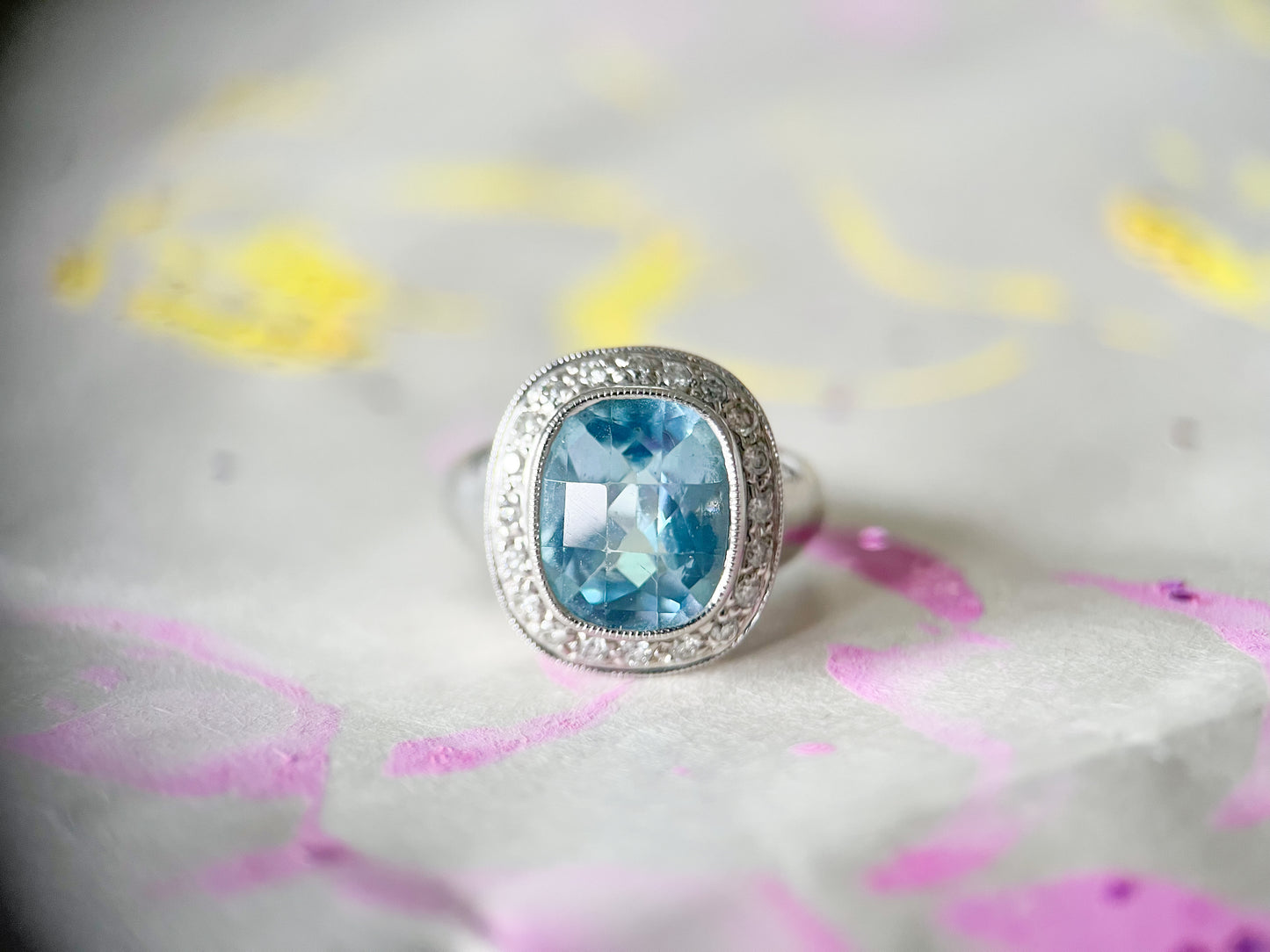 Vintage Natural Aquamarine Cushion Cut and Diamond 18k White Gold Ring