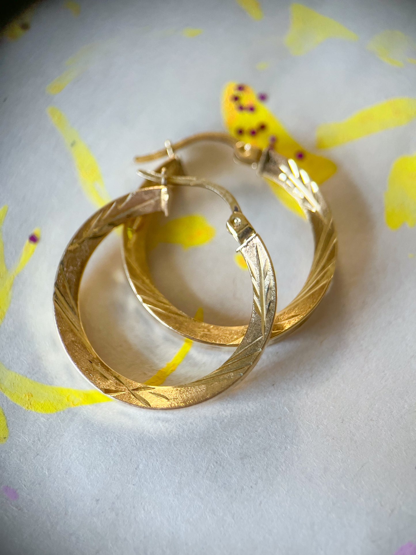 Vintage Faceted Squared Tube Medium 10k Yellow Gold Hoop Earrings