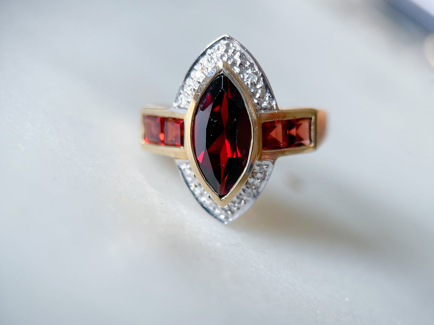 Vintage Natural Marquise Garnet and Diamond 10k Yellow Gold Ring
