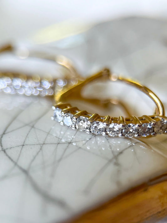 Natural Diamond 14k Yellow Gold One Row Half Hoop Earrings