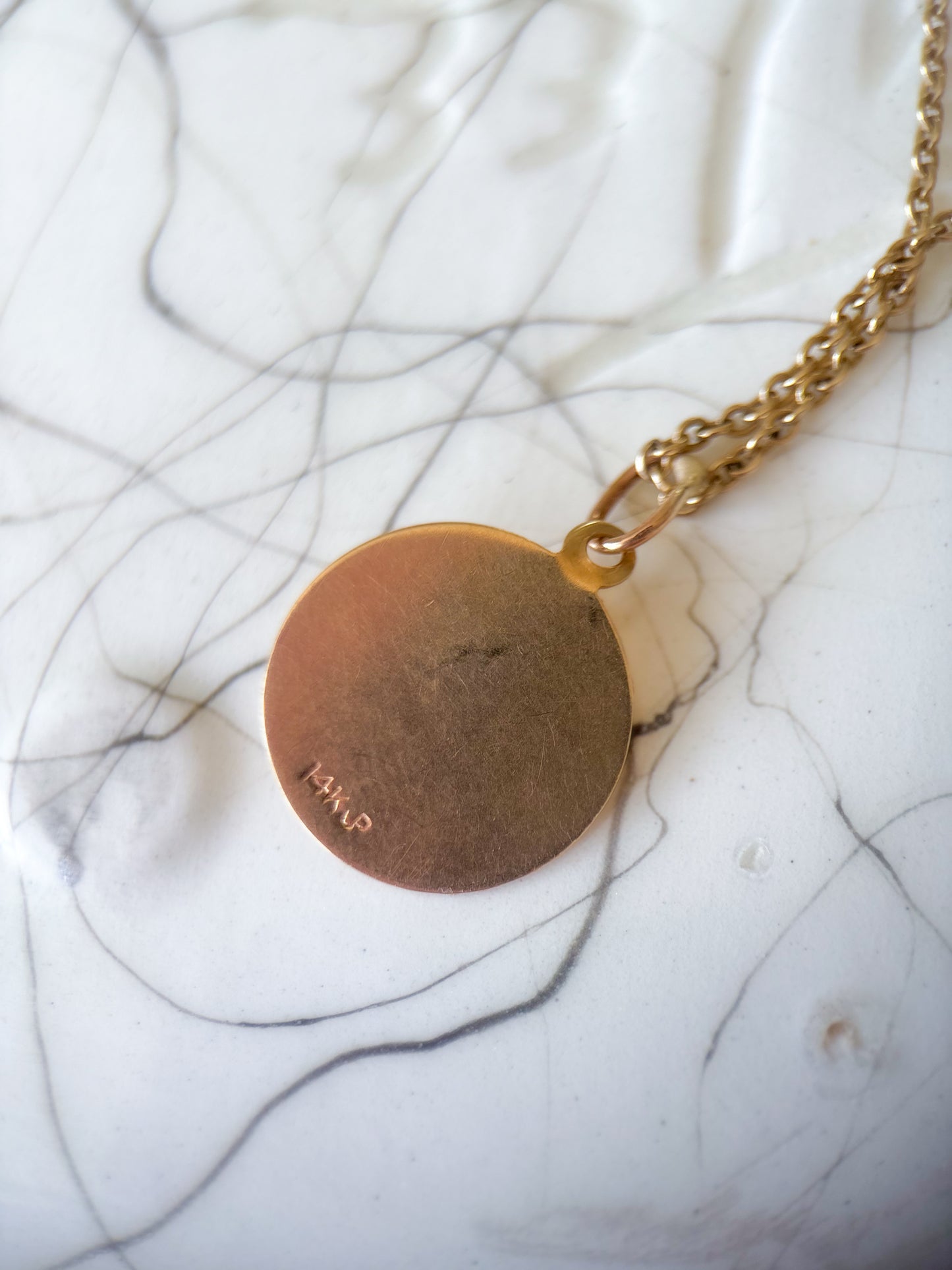 Vintage Engine Turned Circle 14k Yellow Gold Charm with Pearl