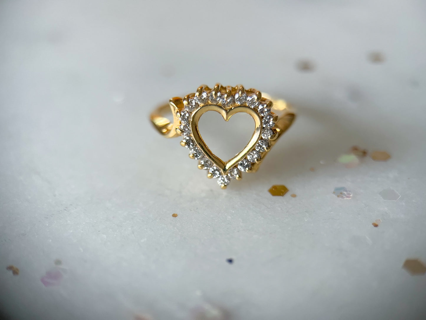 Vintage Natural Diamond 14k Yellow Gold Open Heart Ring