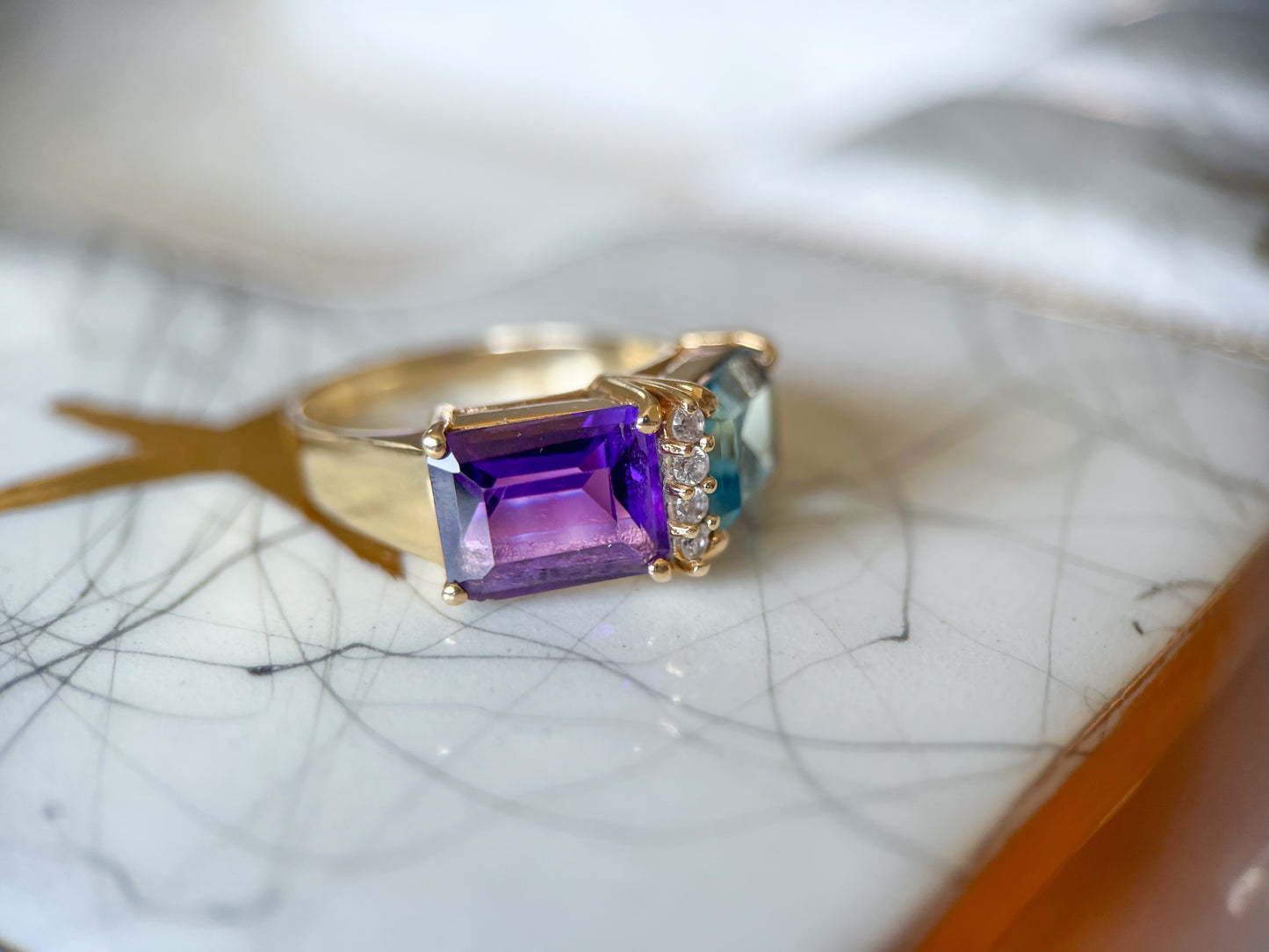 Vintage Natural Amethyst and Topaz Two Stone Ring with Natural Diamonds 14k Yellow Gold, circa 1980s