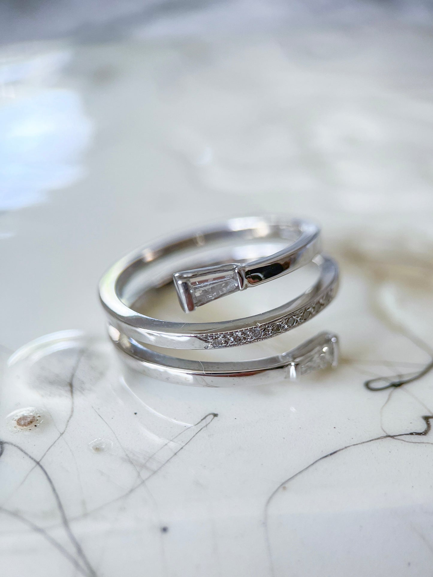 Vintage Baguette Natural Diamond Wrap 14k White Gold Ring