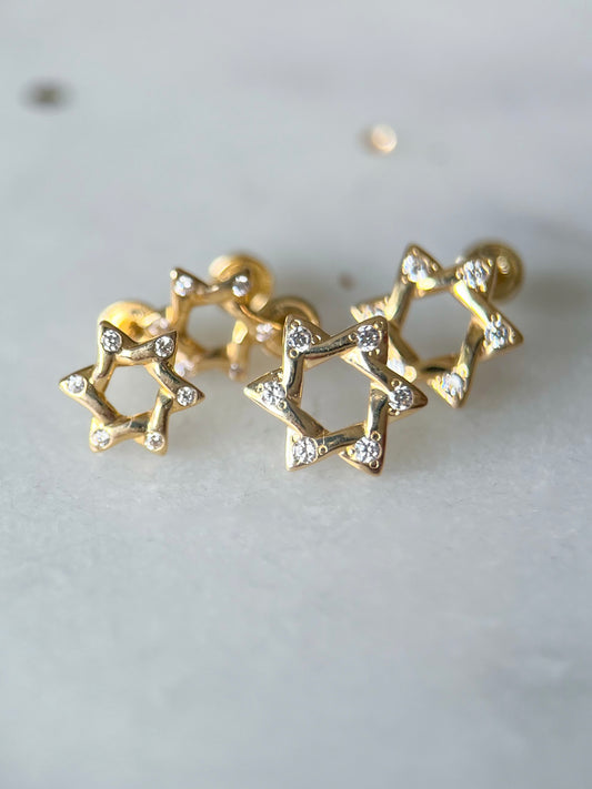 Mini Star of David 14k Yellow Gold and CZ Stud Earrings - Two Sizes