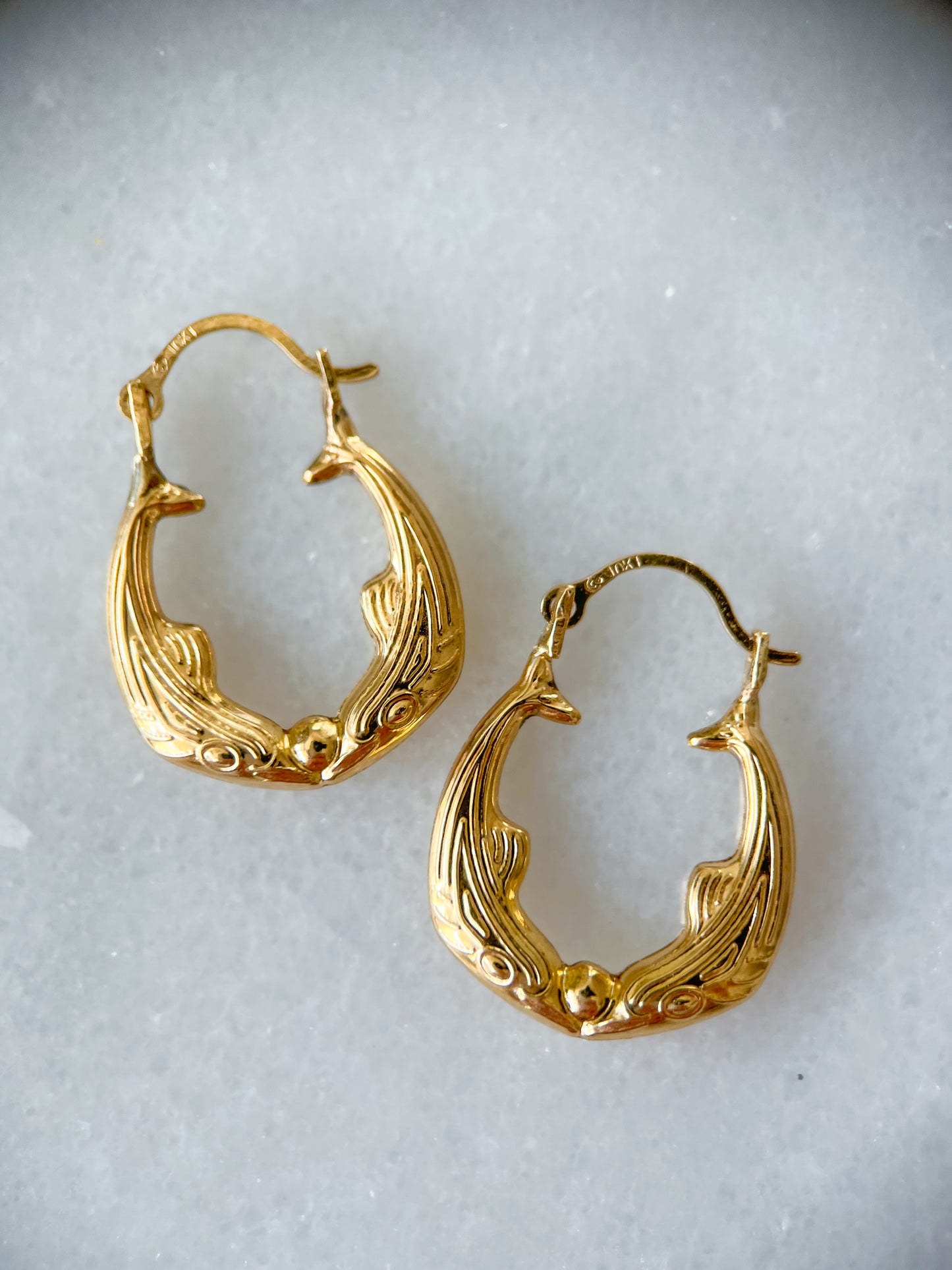 Vintage Whale 10k Yellow Gold Hoop Earrings
