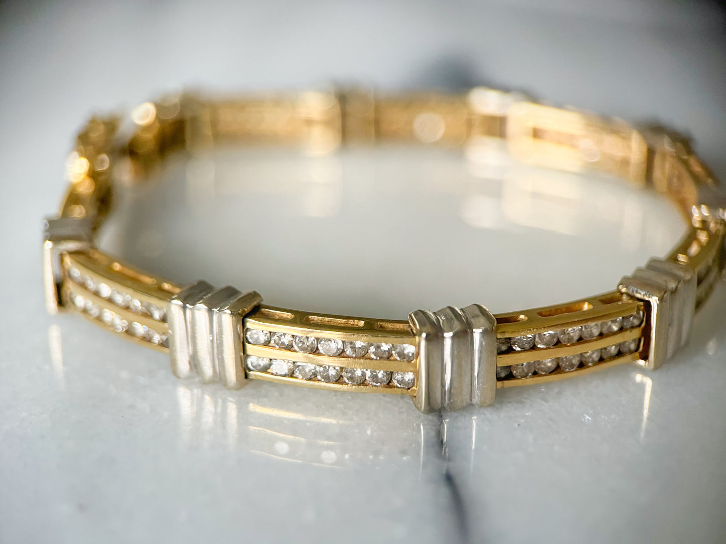 Vintage Chunky Natural Diamond Two Toned 14k White and Yellow Gold 7 Inch Bracelet