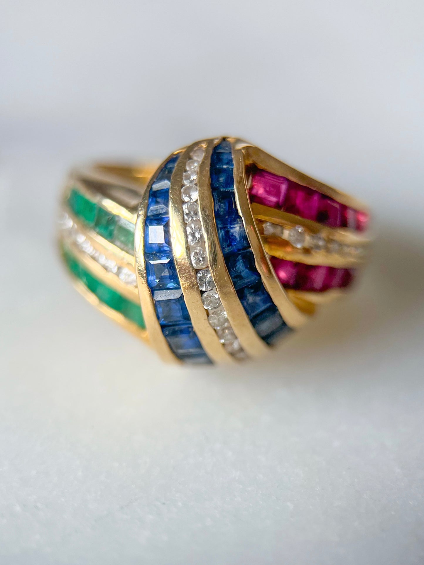 Vintage 14k Yellow Gold Natural Sapphire, Ruby, Emerald and Diamond Ring, circa 1990s