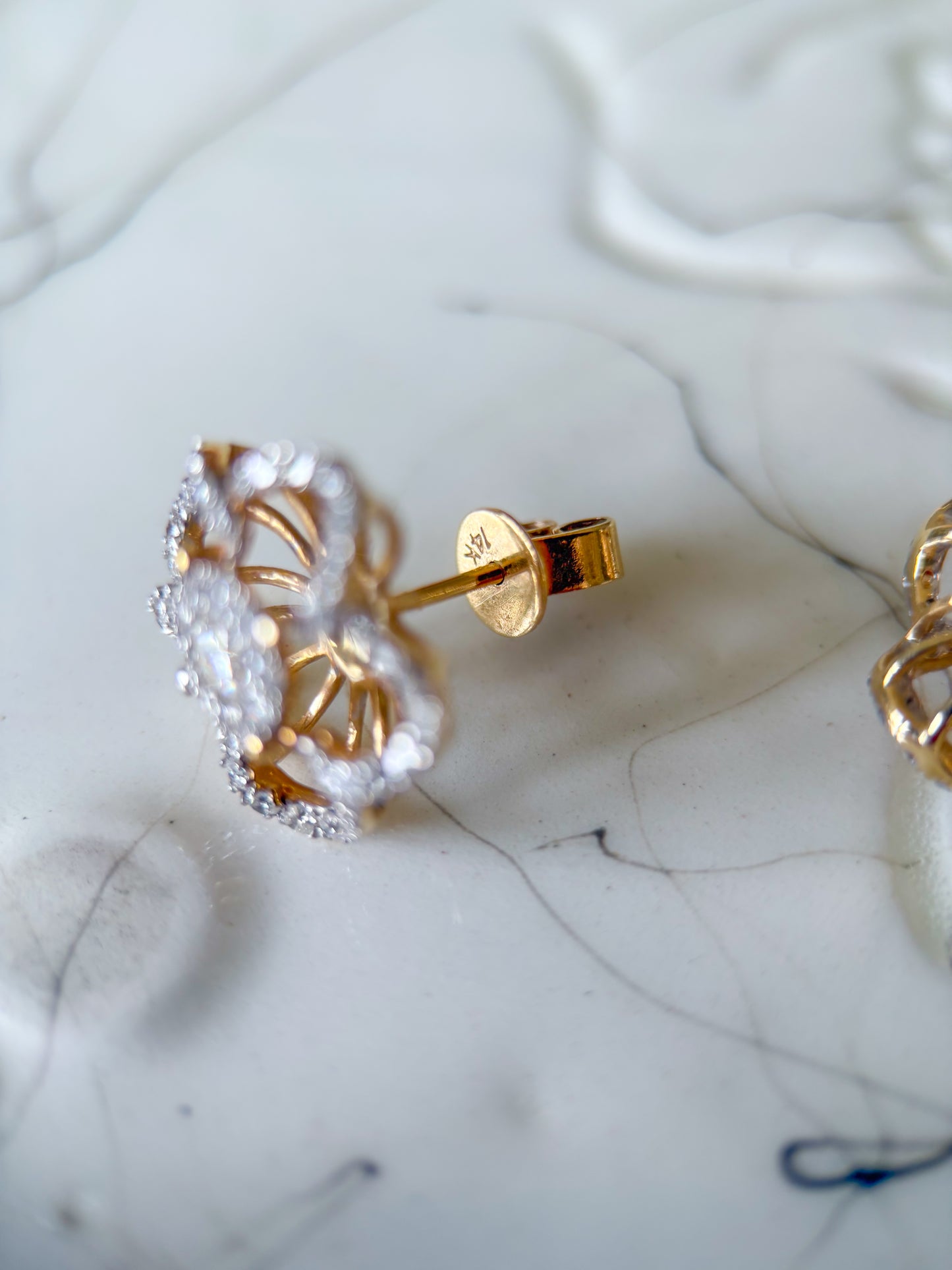 Natural Diamond Flower 14k Yellow Gold Large Stud Earrings