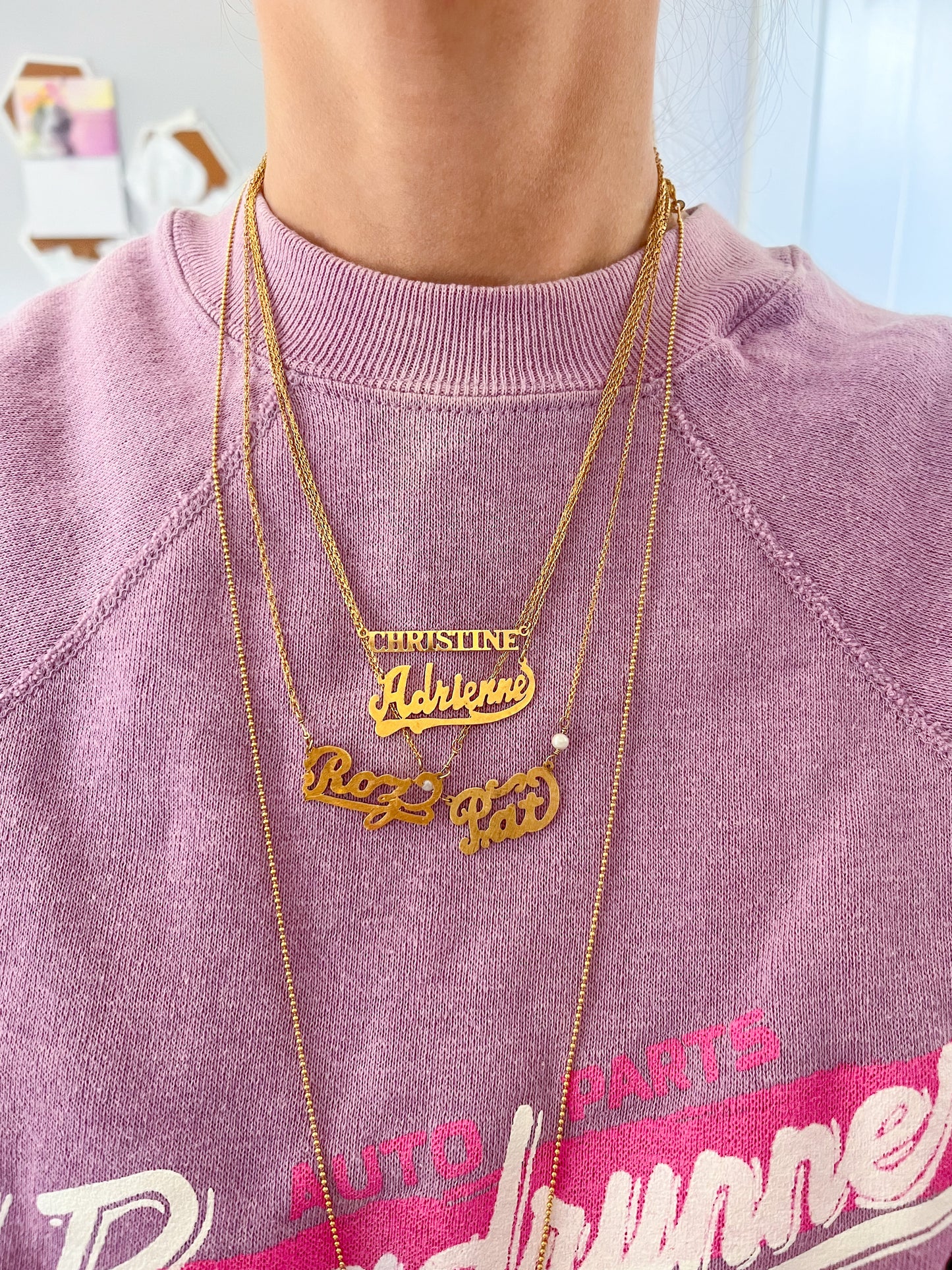 Vintage Name Plate Necklaces - "Adrienne", "Christine", "Pat", "Roz" - 14k Yellow Gold Charms