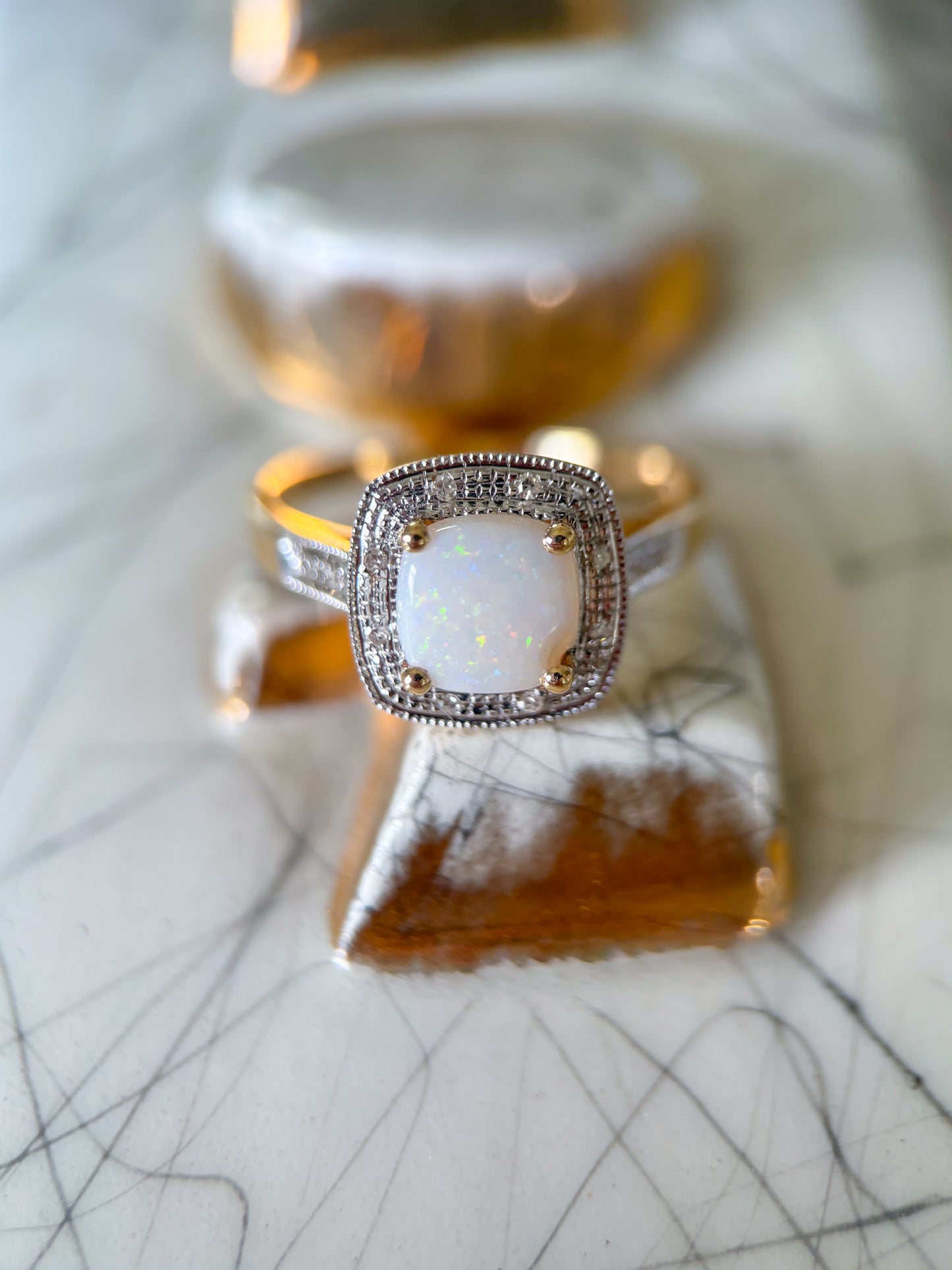 Vintage Opal and Natural Diamonds 14k Yellow Gold Ring
