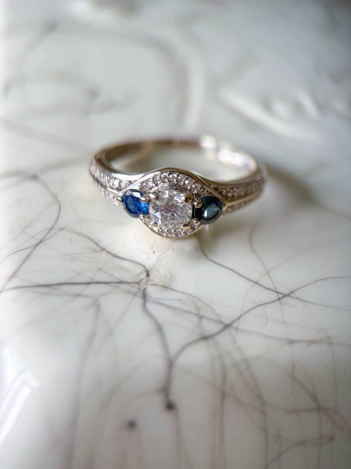 Vintage Natural Diamond and Natural Sapphire 14k White Gold Ring