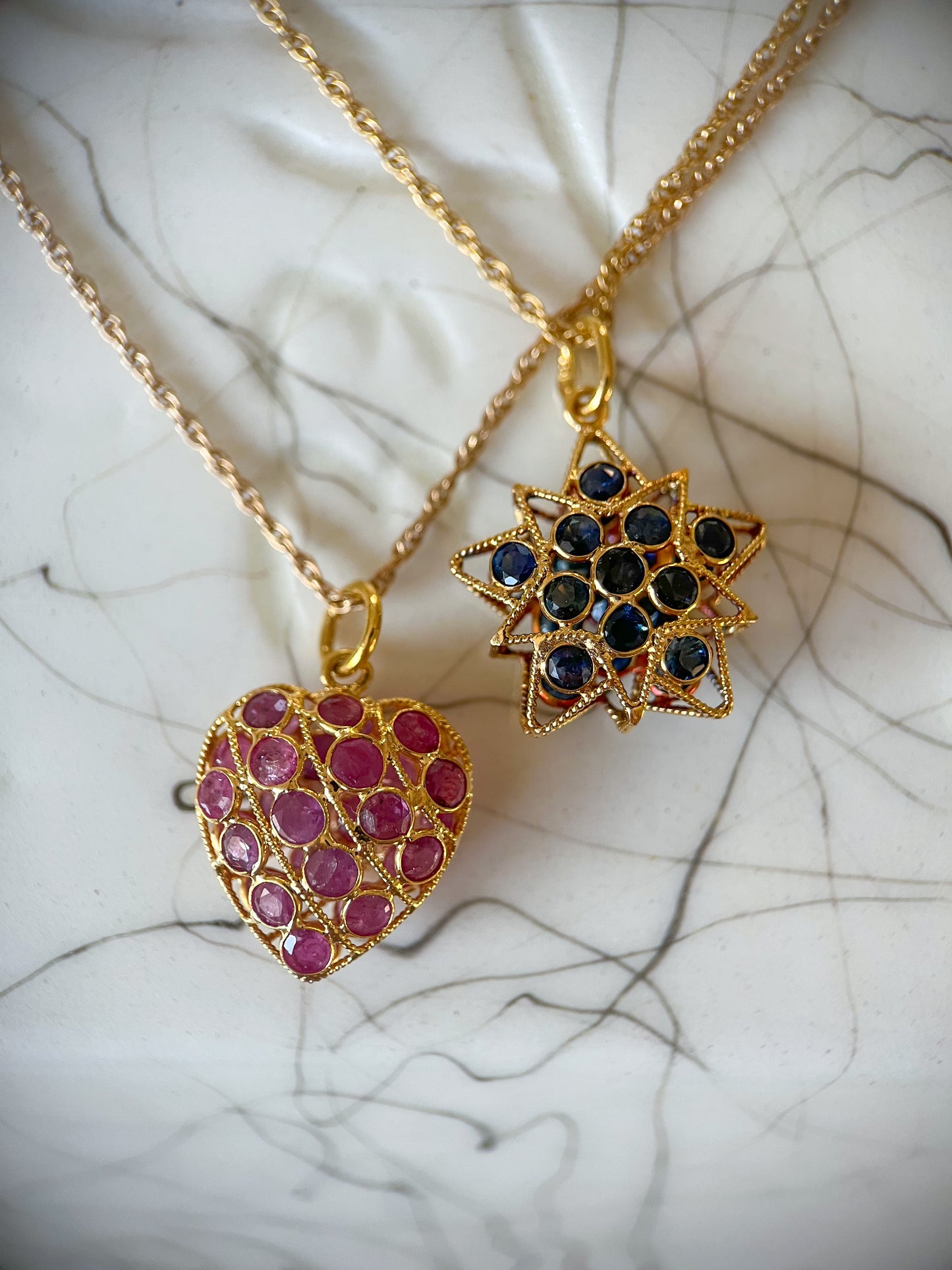 Vintage Natural Sapphire Puffy Star and Vintage Ruby Puffy Heart 18k Yellow Gold Charms, Circa 1990's