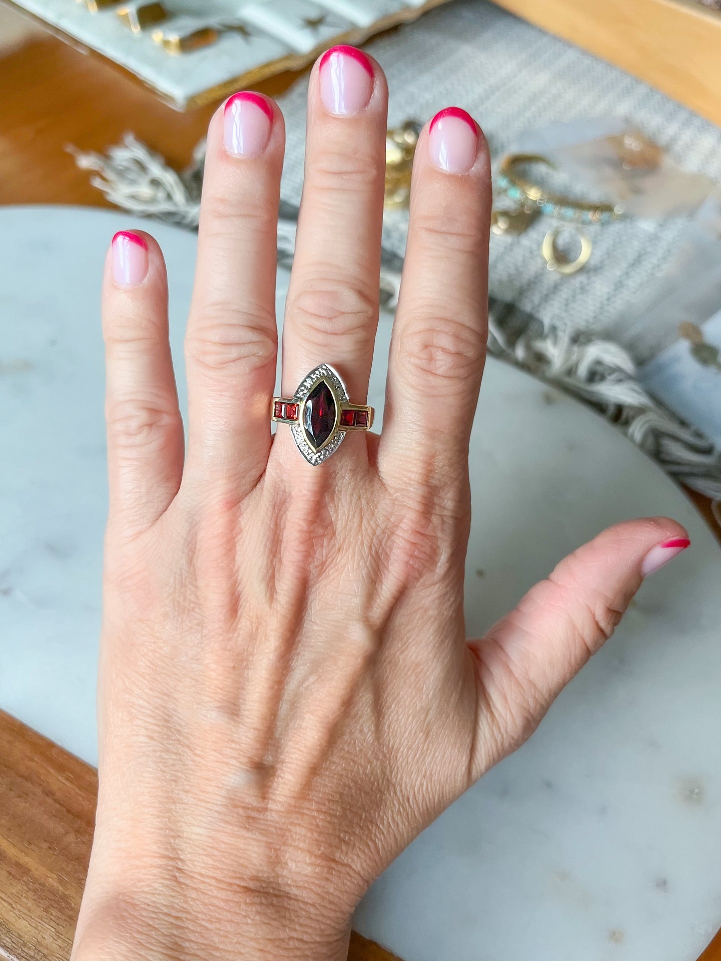 Vintage Natural Marquise Garnet and Diamond 10k Yellow Gold Ring