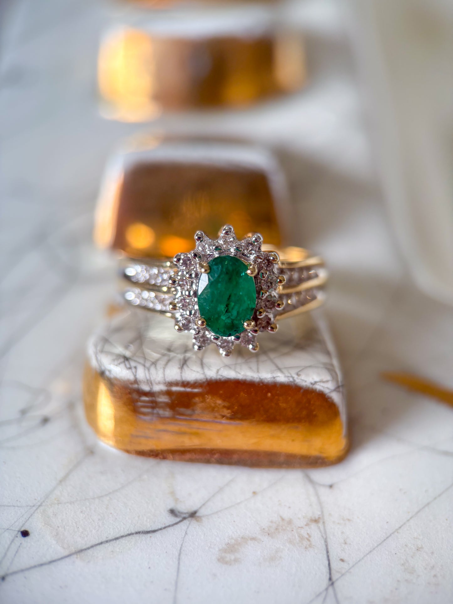 Vintage Natural Emerald and Natural Diamond 14k Yellow Gold Ring