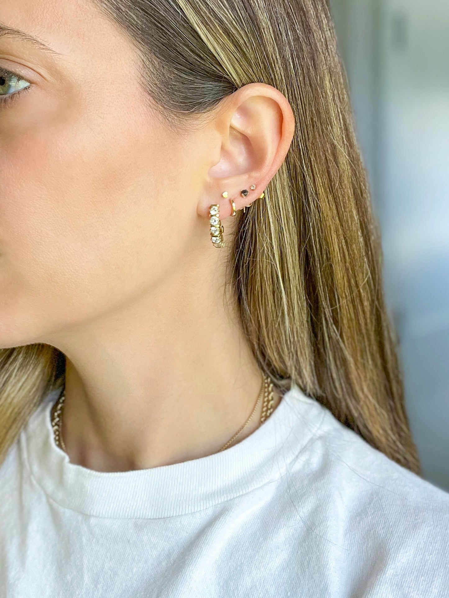 Vintage 14k Yellow Gold Half Hoops with CZ Earrings