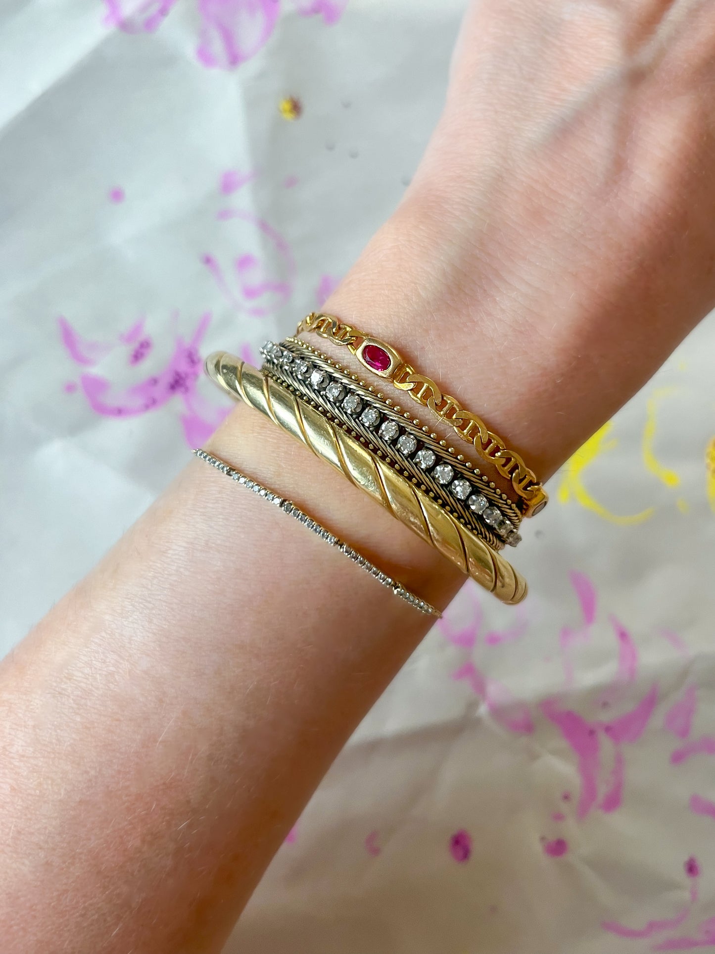 Vintage Multi Gemstone (Synthetic) 14k Yellow Gold Mariner Chain 8 Inch Bracelet