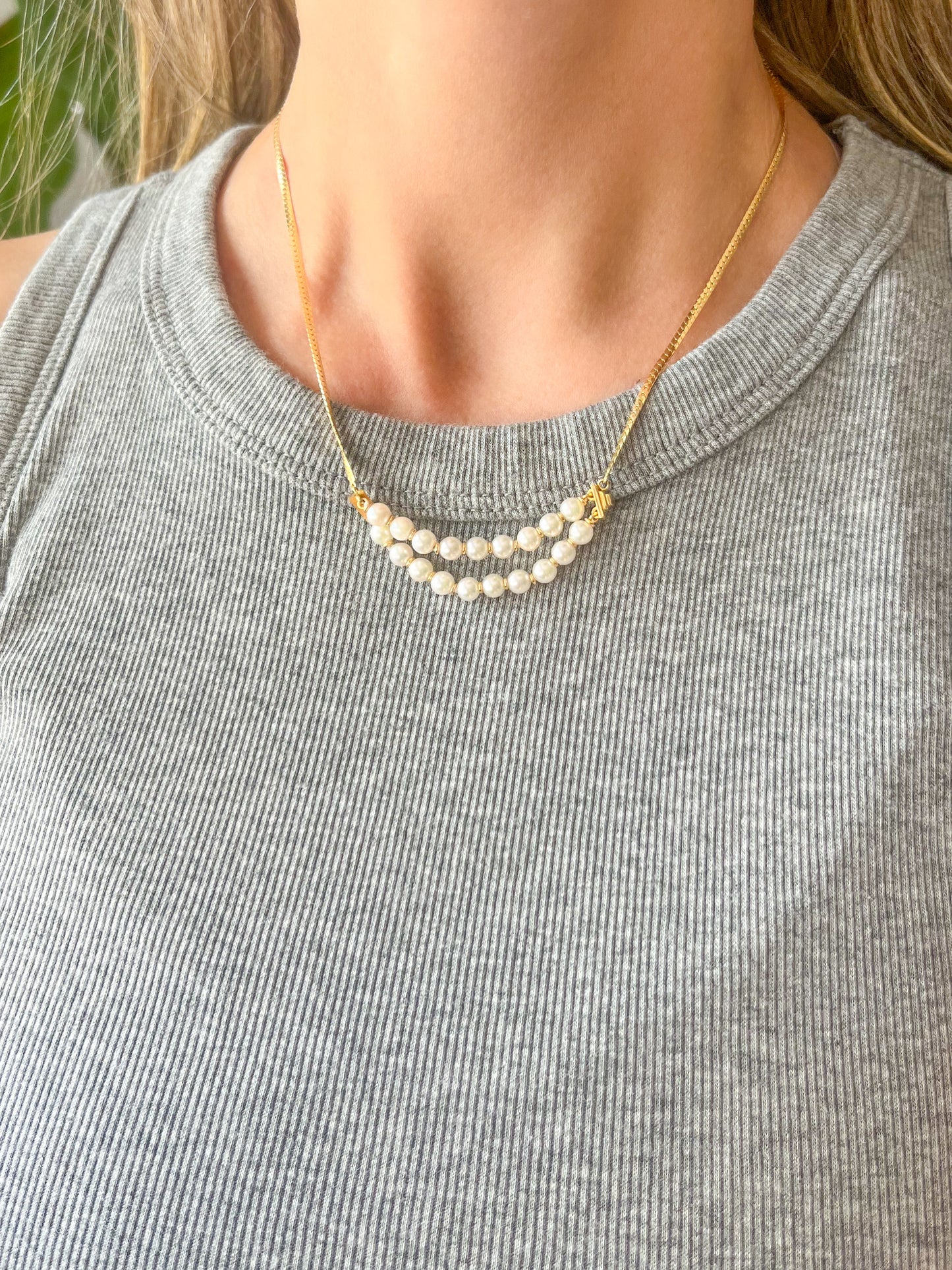 Vintage Herringbone Chain with Pearl Double Accent 14k Yellow Gold 16.5 Inch Necklace