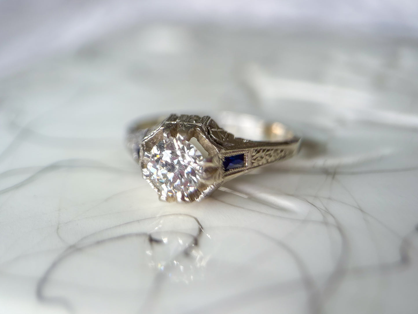 Vintage Natural Old Miner Diamond and Natural Sapphire 18k White Gold Ring