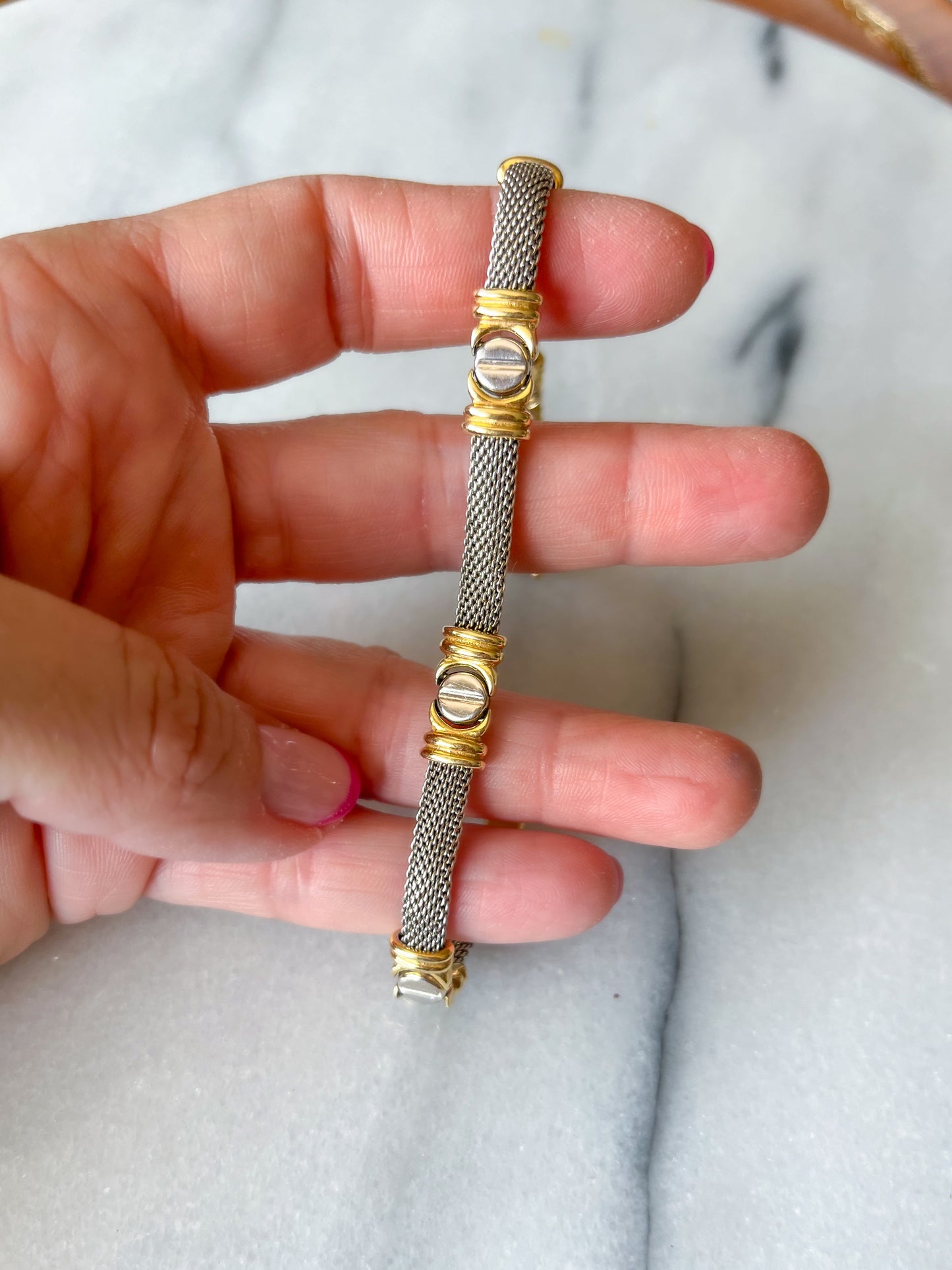 Vintage Mesh Two Toned with Screw Accents 14k White and Yellow Gold 8 Inch Bracelet