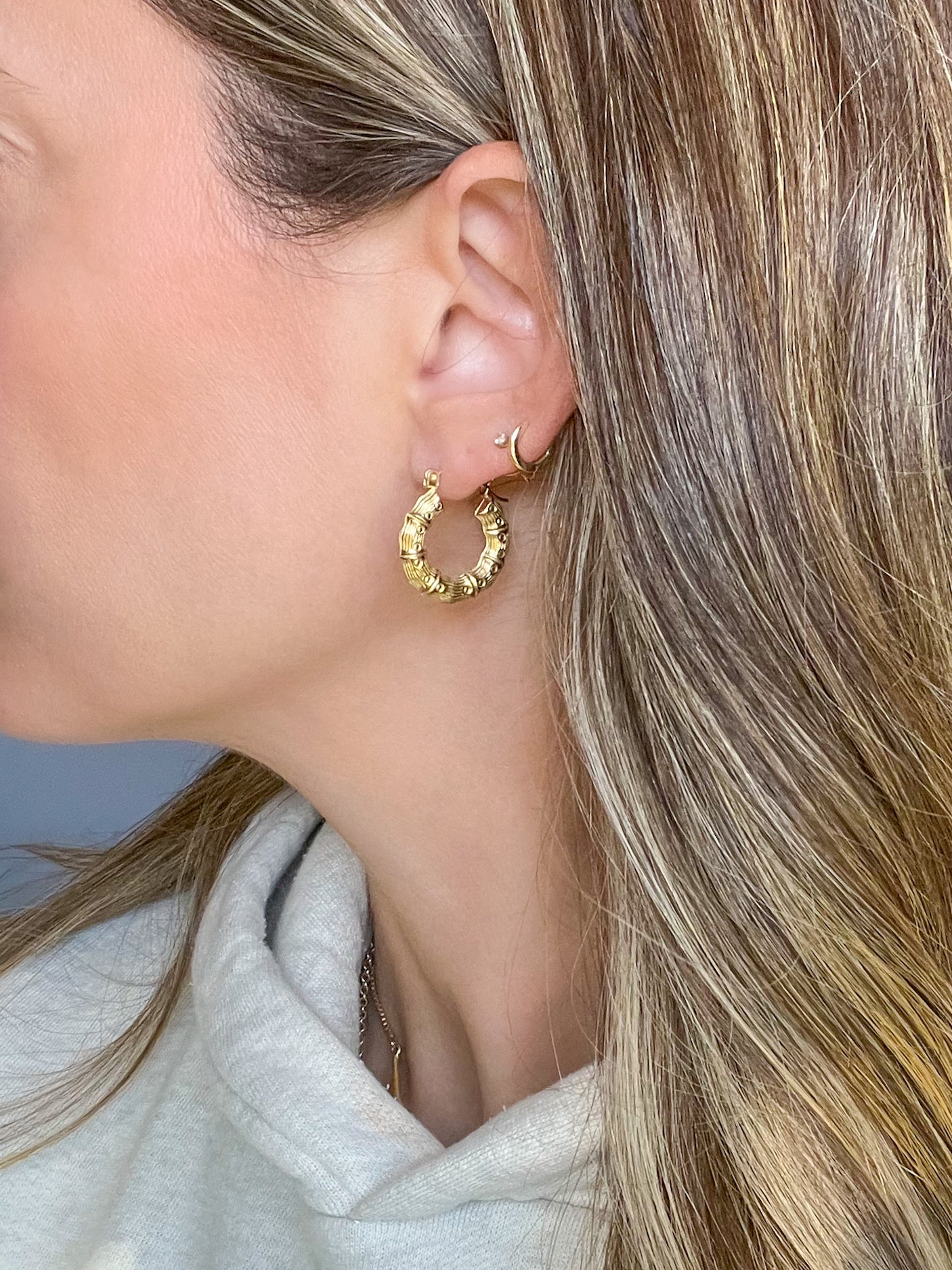 Bamboo Chunky 10k Yellow Gold Hoop Earrings