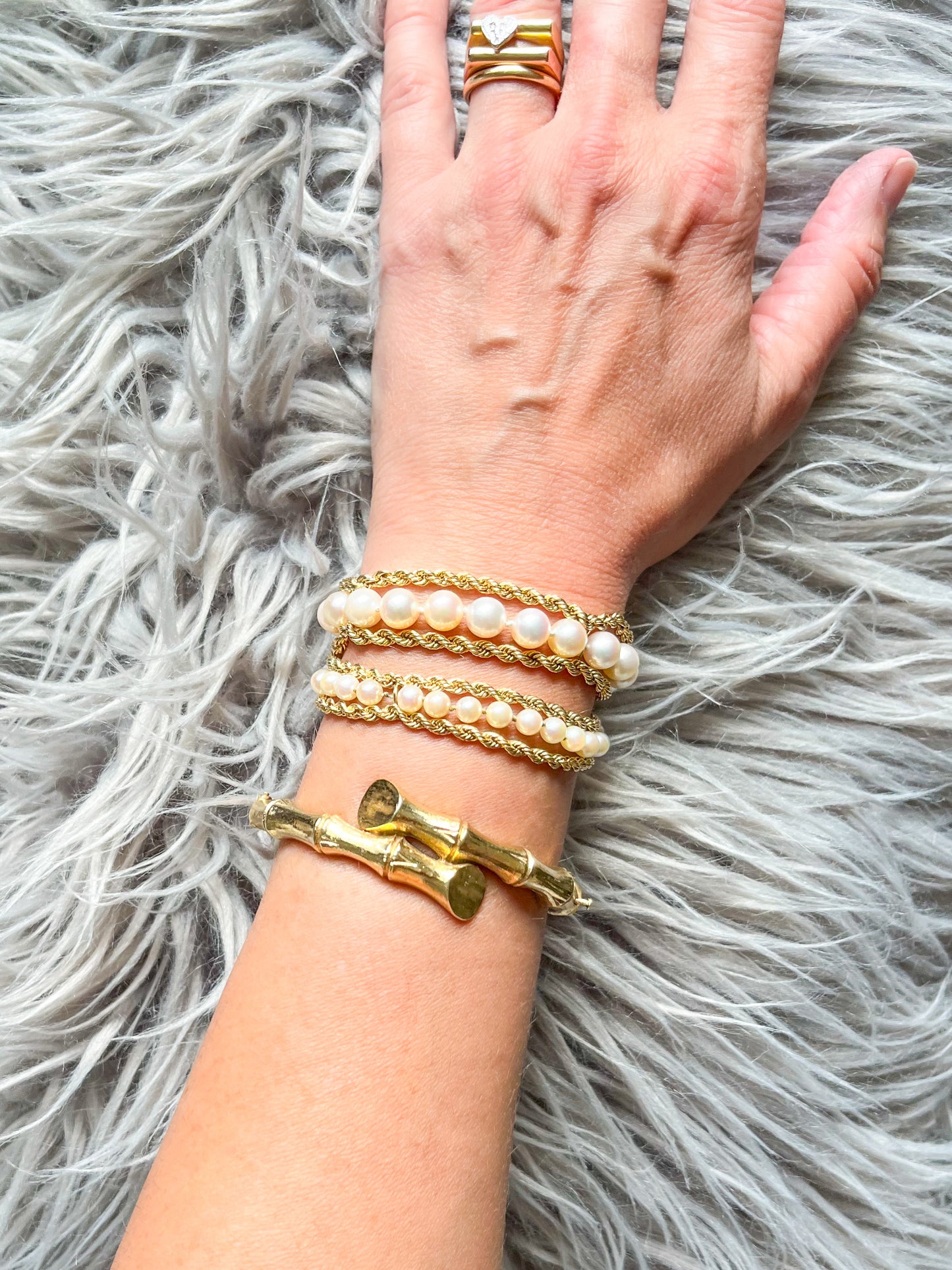 Various Vintage Pearl and Rope Chain 14k Yellow Gold Bracelets