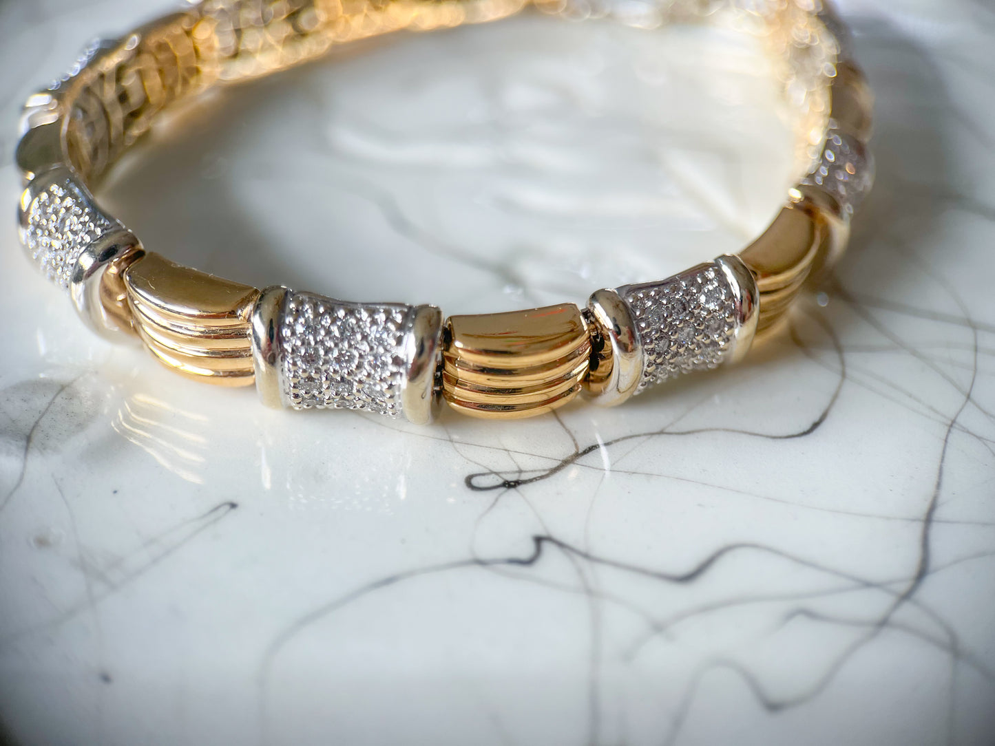 Vintage Natural Diamond 14k White Gold and Yellow Gold Two Toned Heavy 7 Inch Bracelet