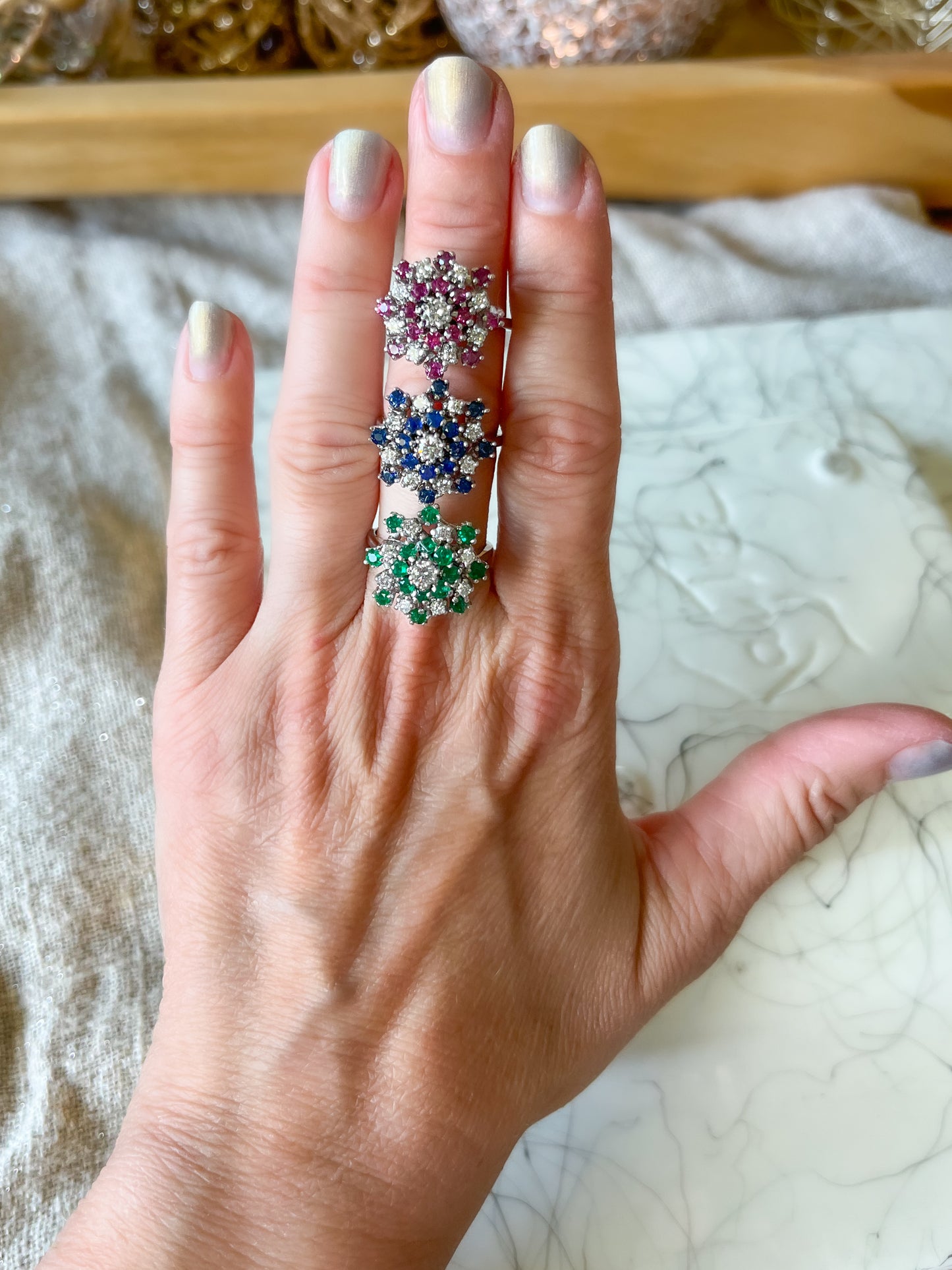 Vintage Natural Emerald and Diamonds 14k White Gold Statement Ring