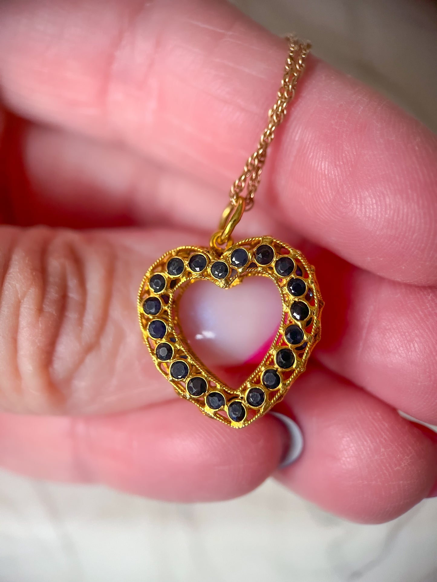 Vintage Natural Sapphire Open Heart 18k Yellow Gold Charm, Circa 1990's