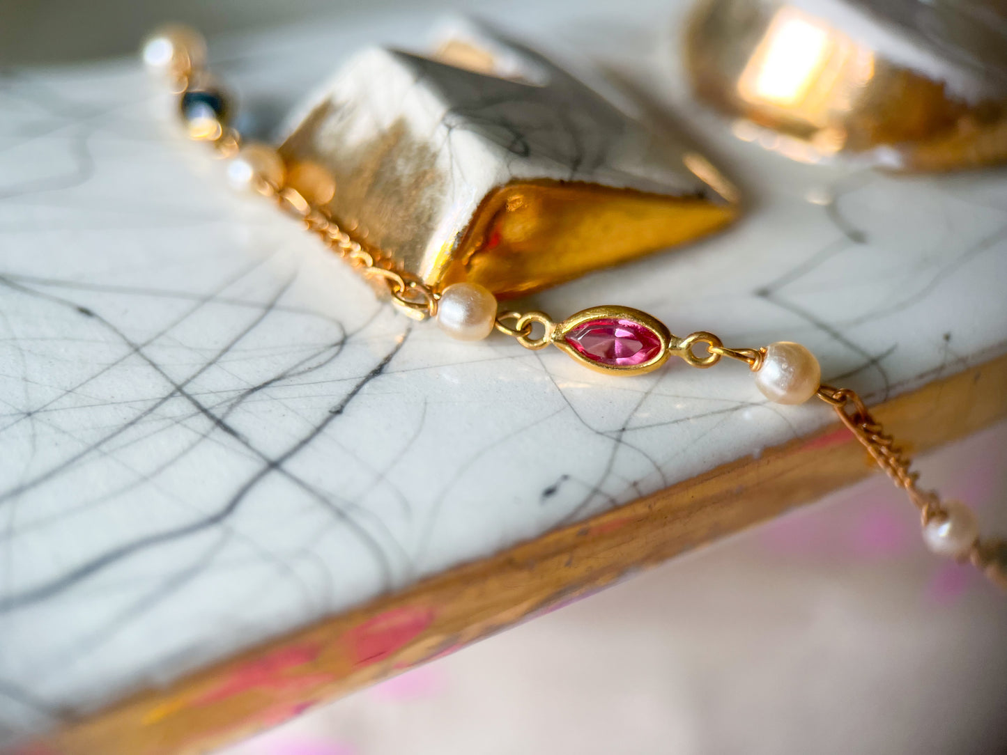 Vintage Pearl and Natural Gemstone 18k Yellow Gold 16 Inch Chain Necklace