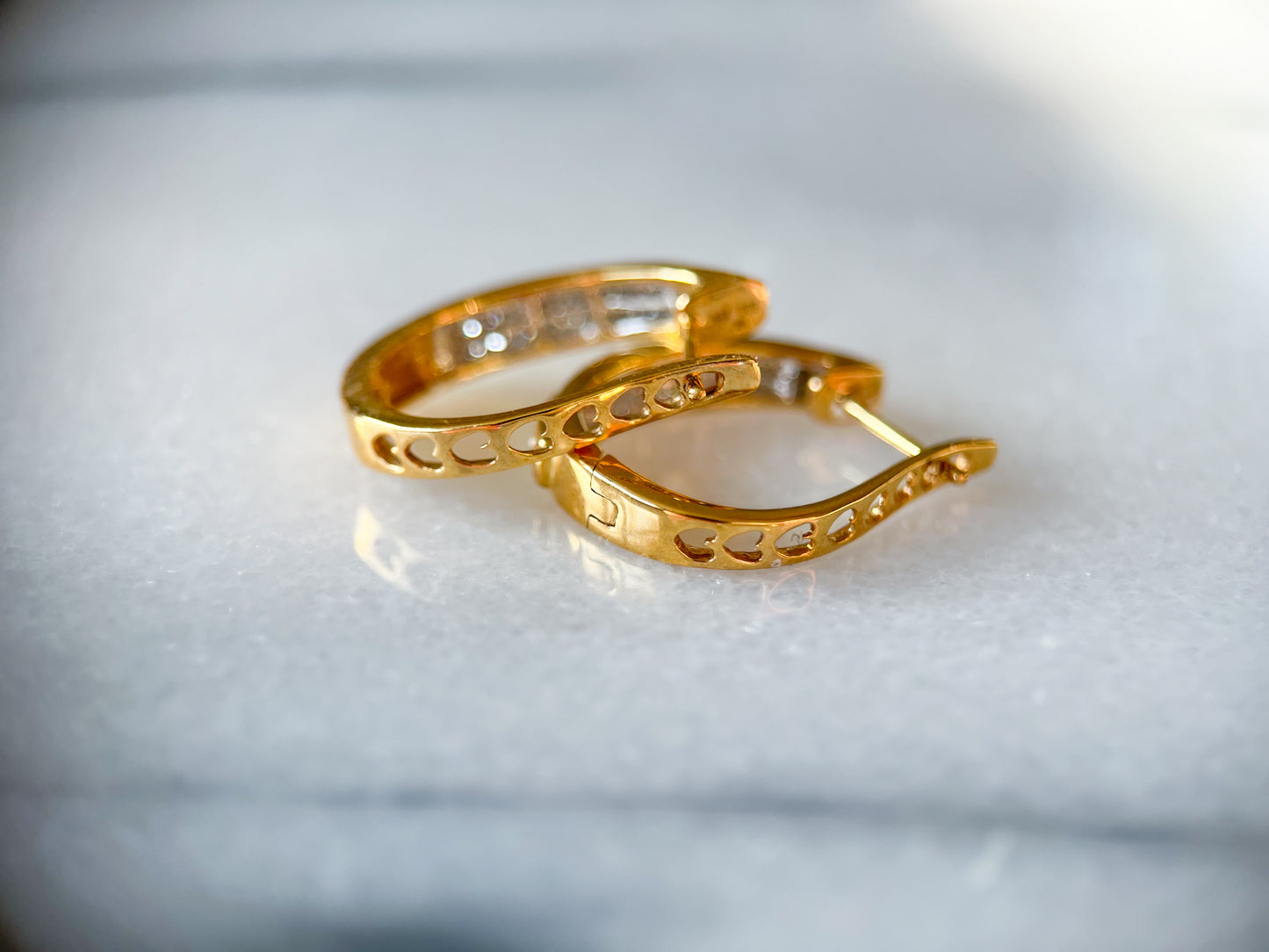 Natural Princess Cut Diamonds 14k Yellow Gold Hoop Earrings with Heart Cut Outs in Back